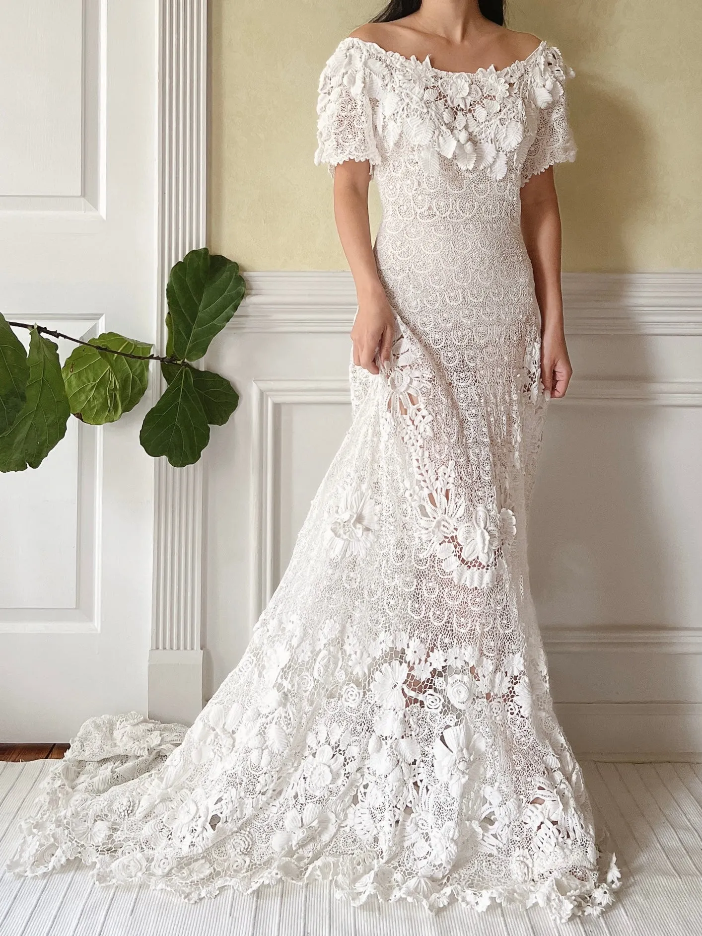 One-of-a-Kind Antique Irish Lace Trained Gown - XS