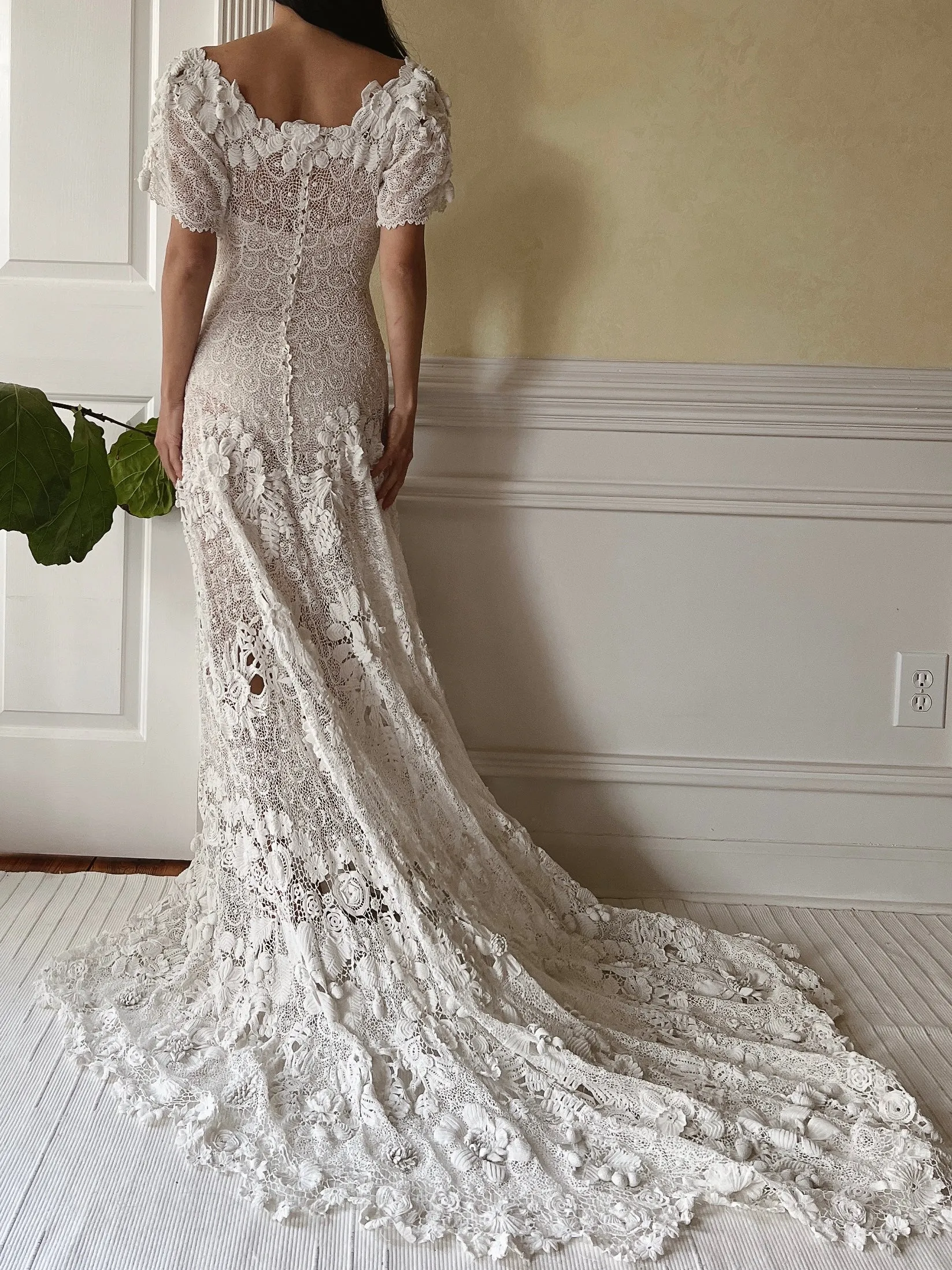 One-of-a-Kind Antique Irish Lace Trained Gown - XS