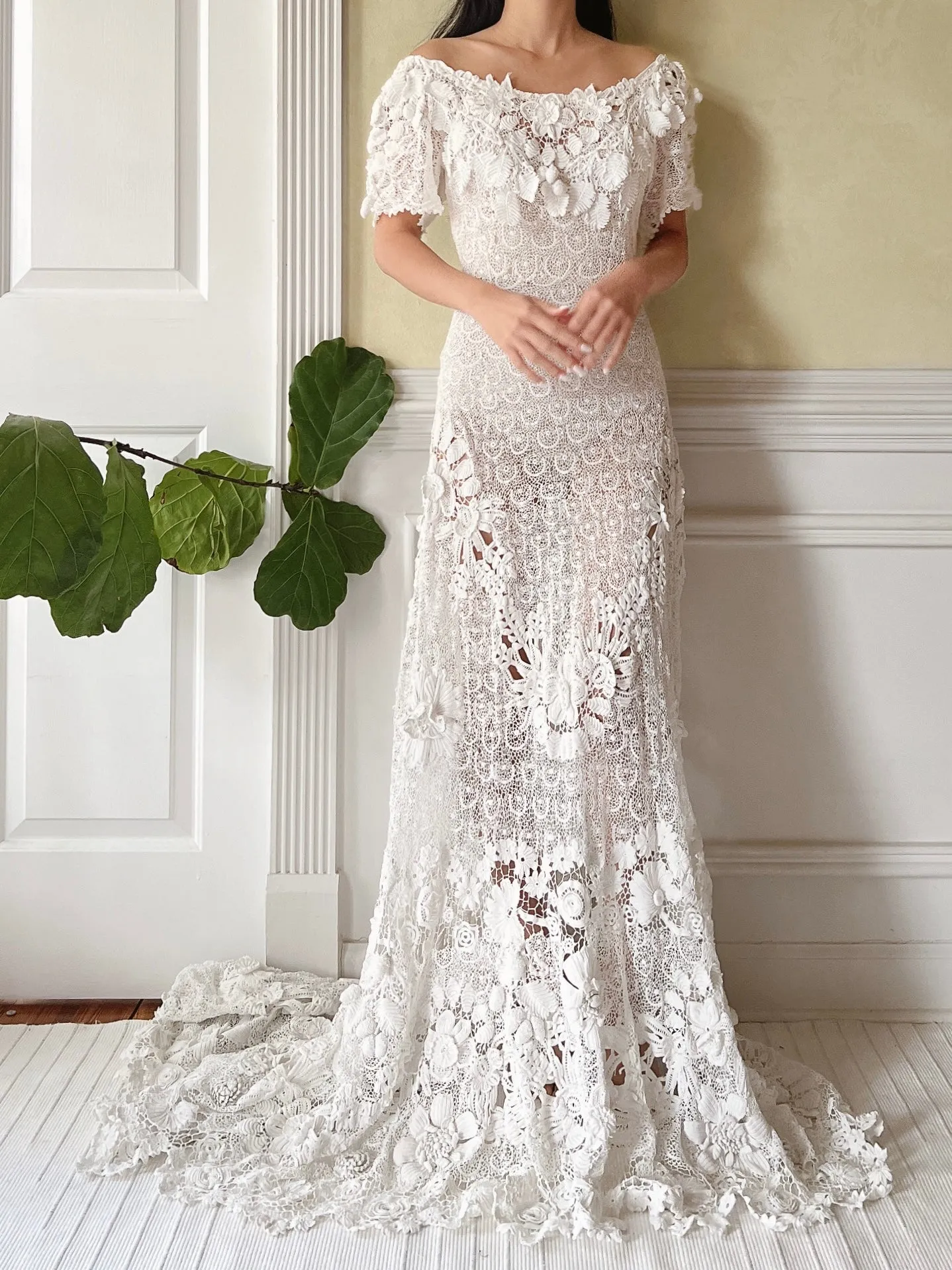 One-of-a-Kind Antique Irish Lace Trained Gown - XS