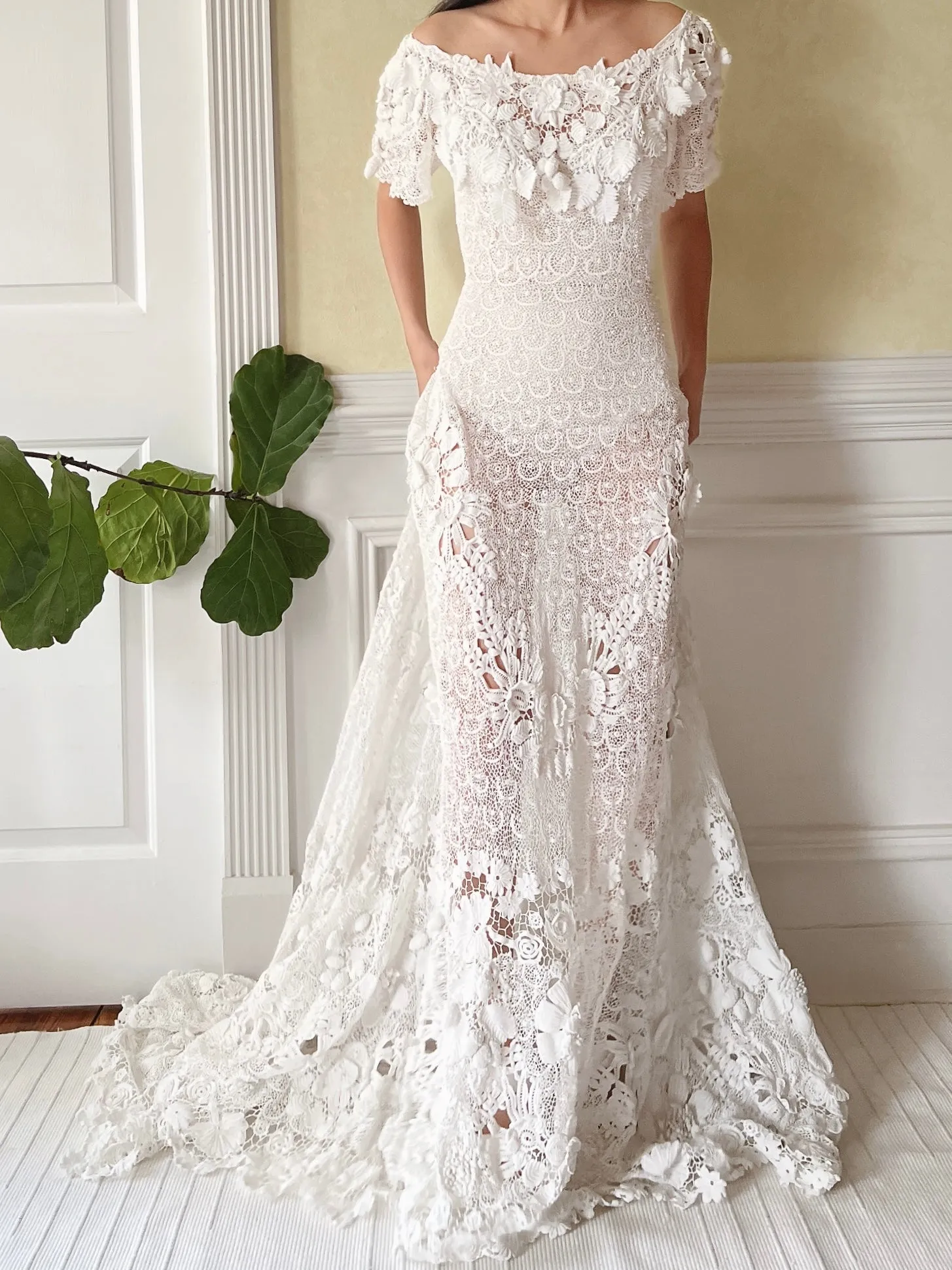 One-of-a-Kind Antique Irish Lace Trained Gown - XS