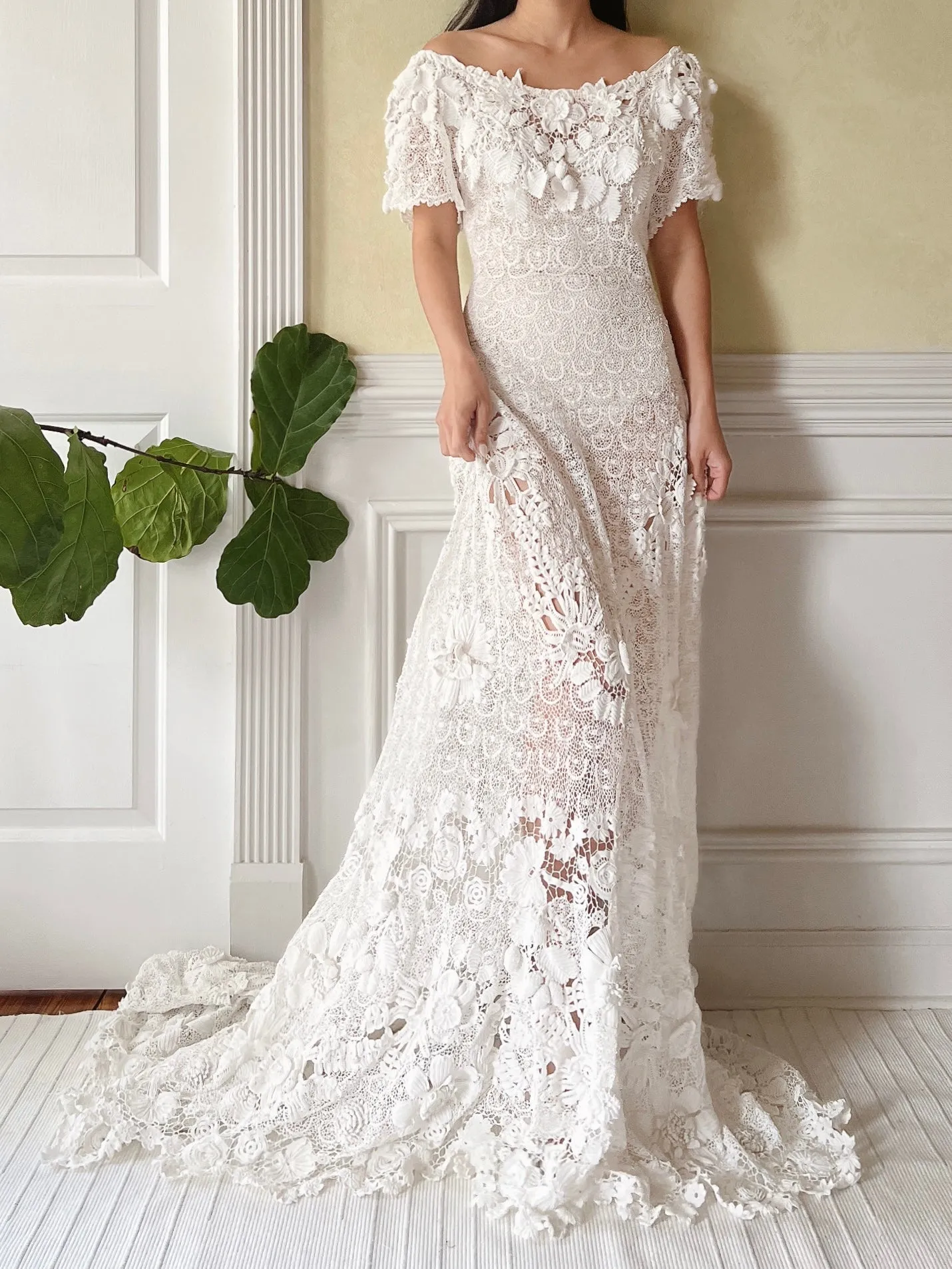 One-of-a-Kind Antique Irish Lace Trained Gown - XS