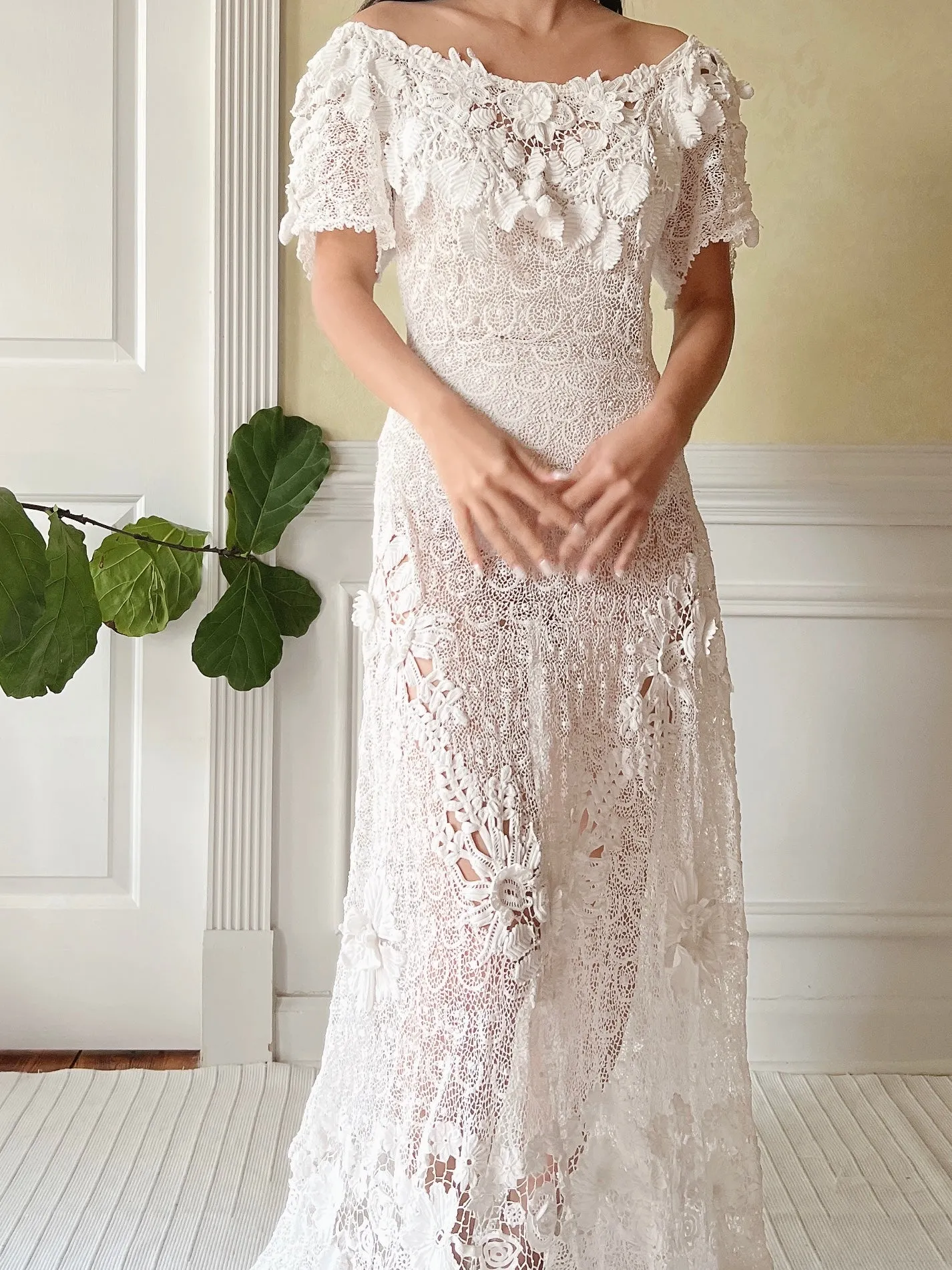 One-of-a-Kind Antique Irish Lace Trained Gown - XS