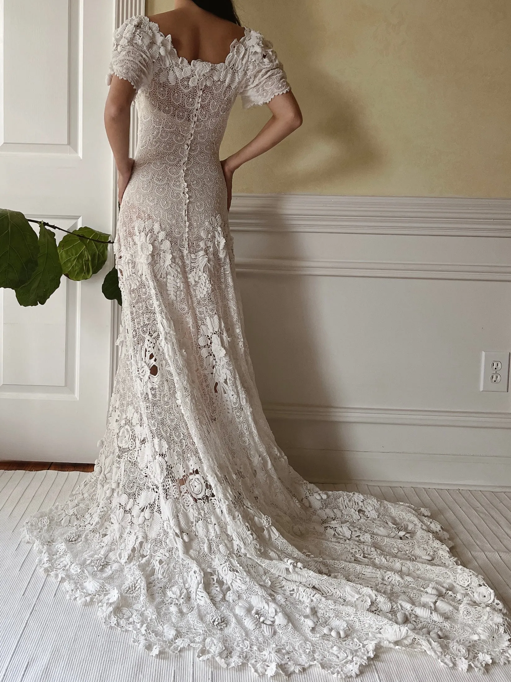 One-of-a-Kind Antique Irish Lace Trained Gown - XS