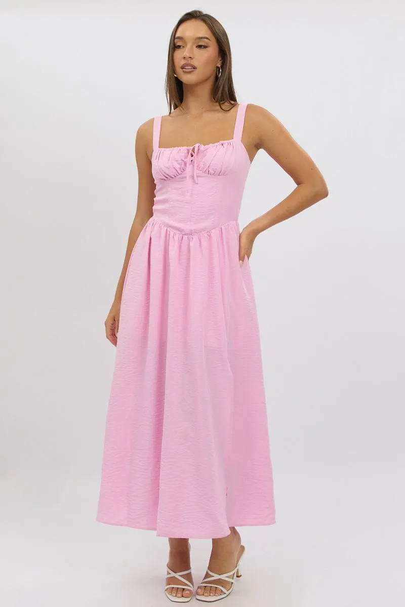 Pink Midi Dress Gathering Bust Corset Detail