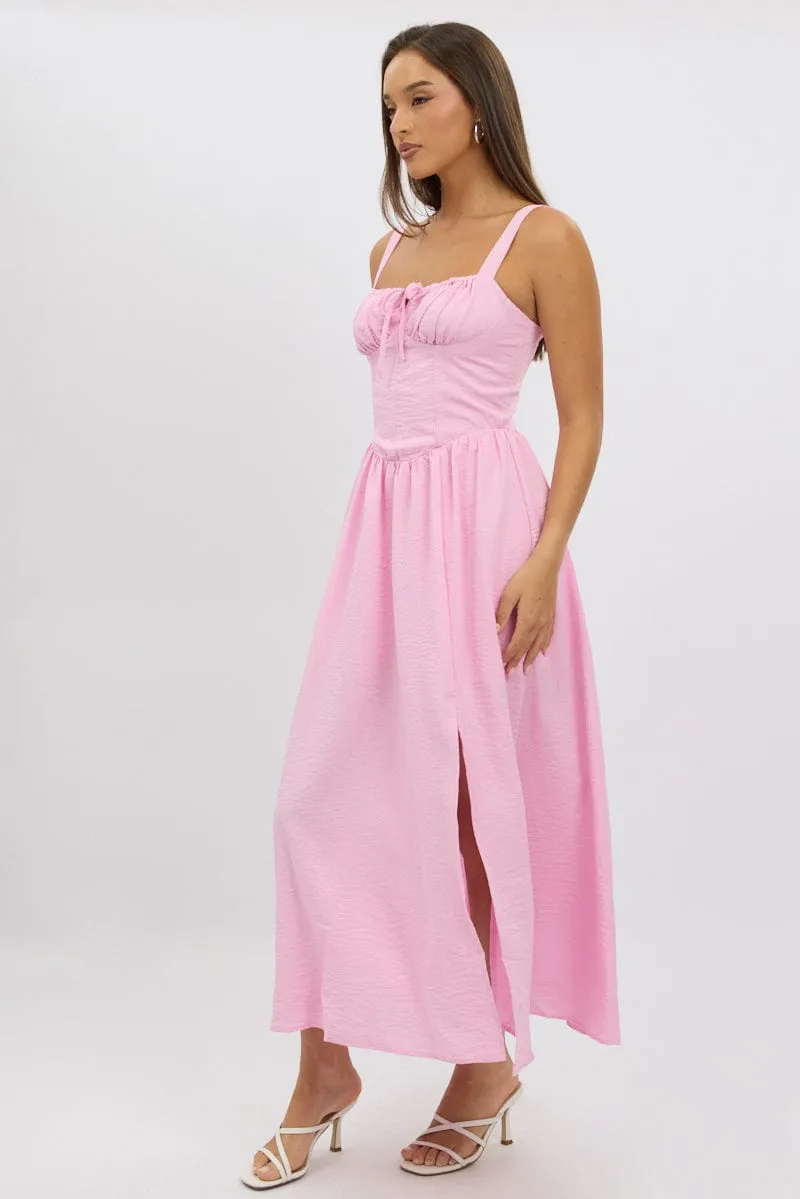 Pink Midi Dress Gathering Bust Corset Detail