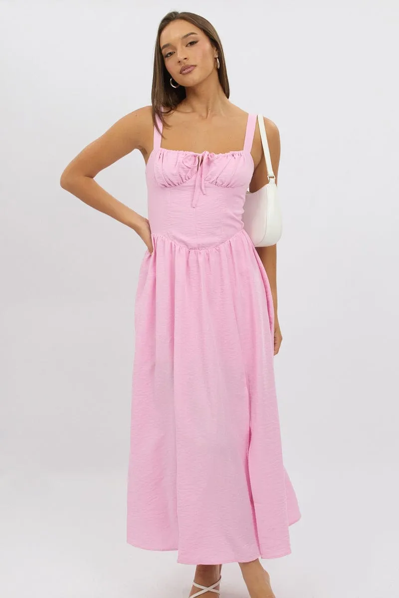 Pink Midi Dress Gathering Bust Corset Detail
