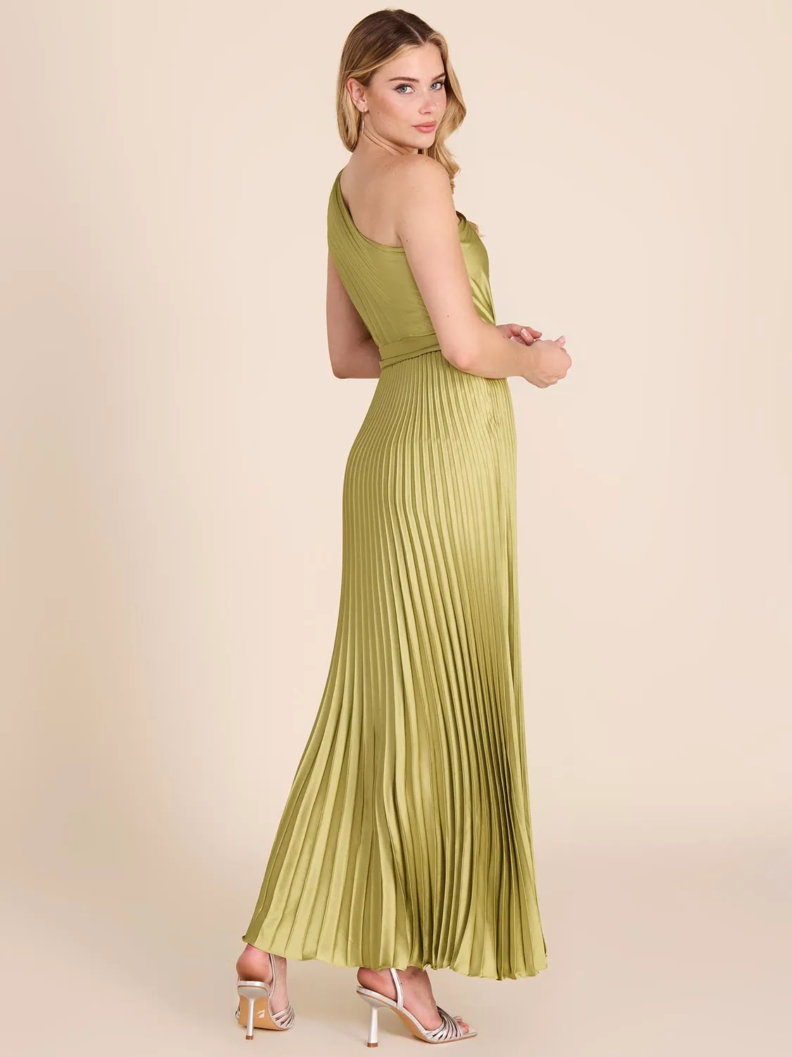 Pleated One-Shoulder Satin Gown