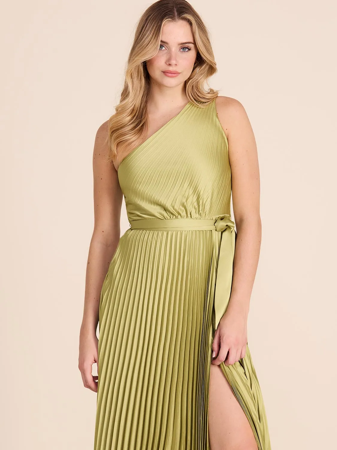 Pleated One-Shoulder Satin Gown