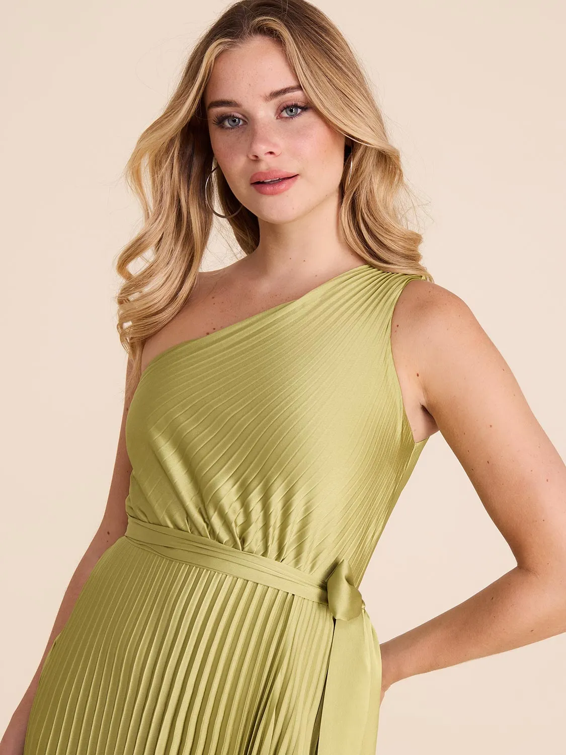 Pleated One-Shoulder Satin Gown