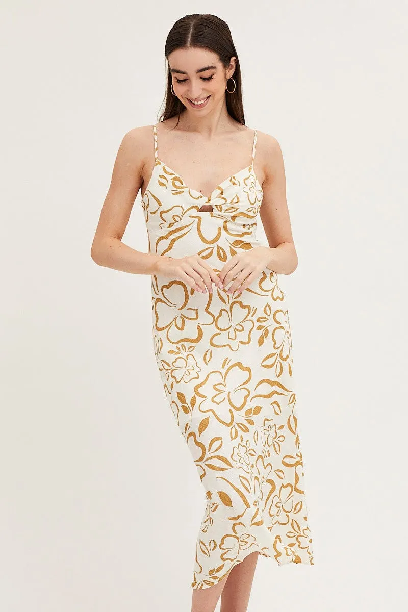 Print Linen Slip Midi Dress