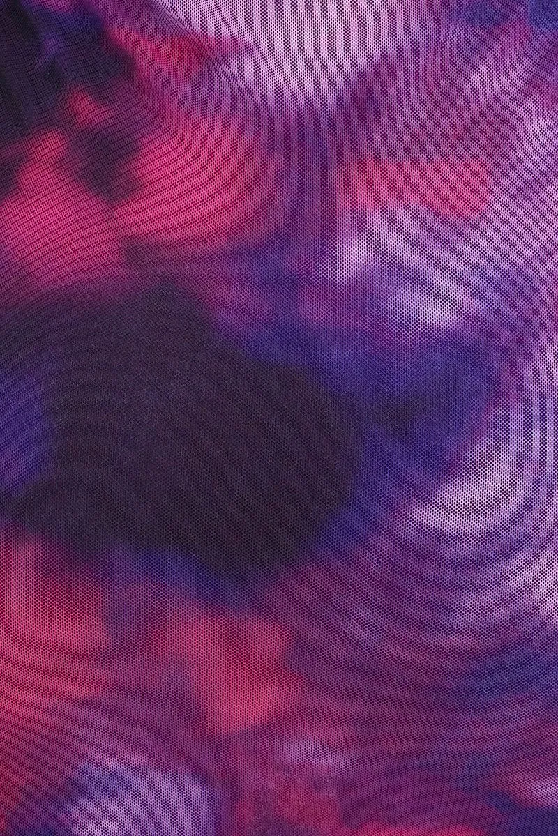 Purple Abstract Mini Dress Long Sleeve Off Shoulder Frill Mesh