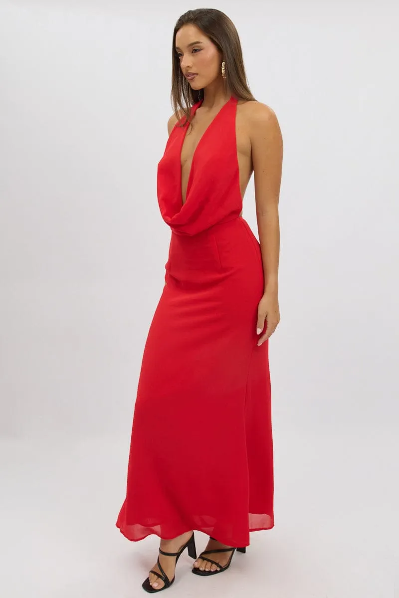 Red Cowl Neck Maxi Dress