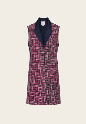 Red Tweed Snap-fastening Sleeveless Lapel Dress