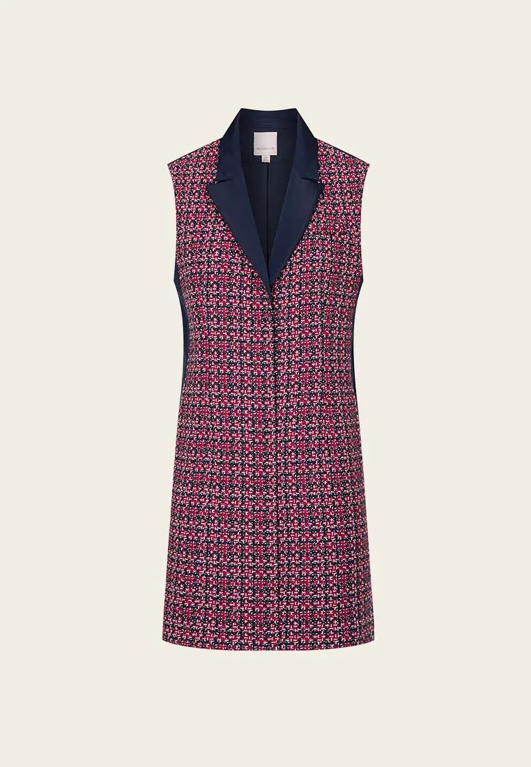 Red Tweed Snap-fastening Sleeveless Lapel Dress