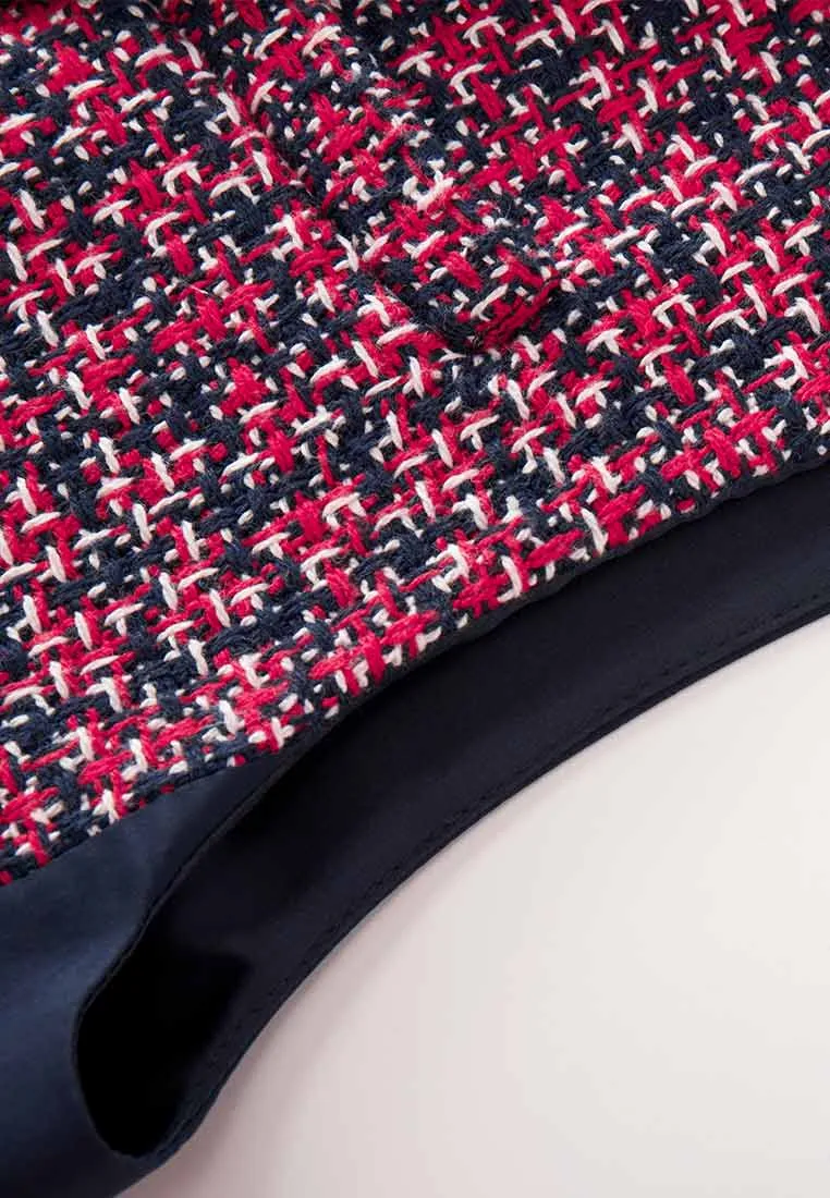 Red Tweed Snap-fastening Sleeveless Lapel Dress