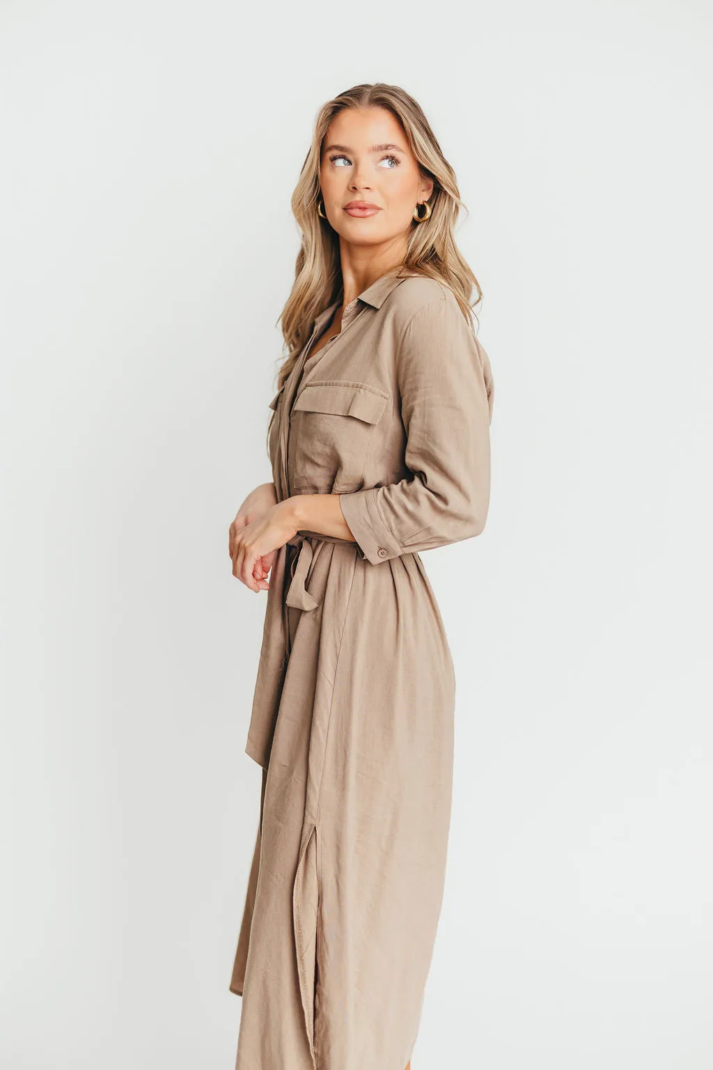 Rhea Belted Maxi Shirt Dress in Stone - Nursing Friendly