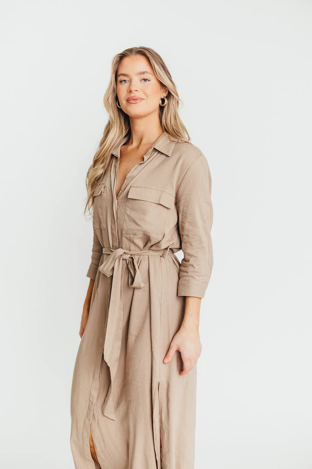 Rhea Belted Maxi Shirt Dress in Stone - Nursing Friendly