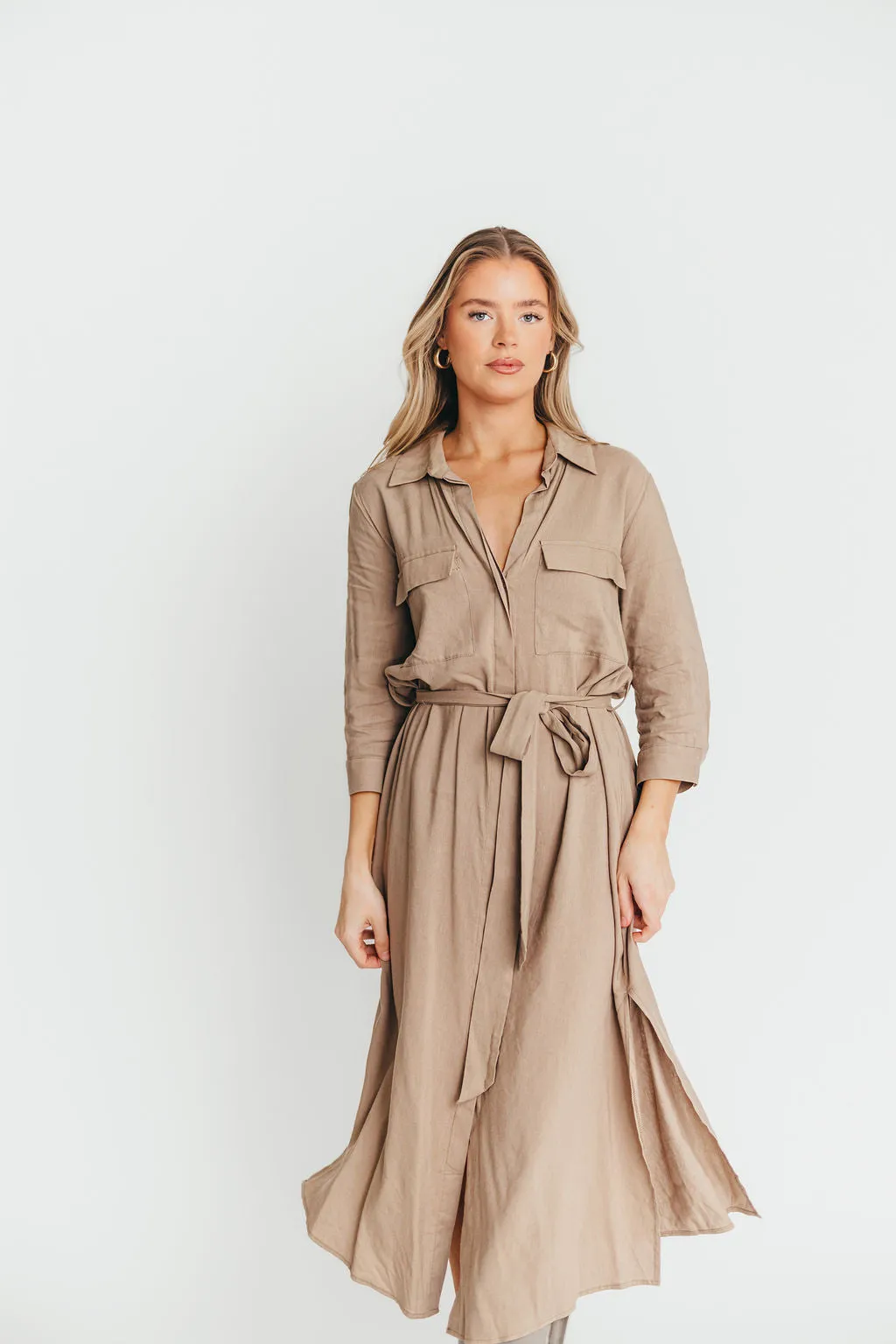 Rhea Belted Maxi Shirt Dress in Stone - Nursing Friendly