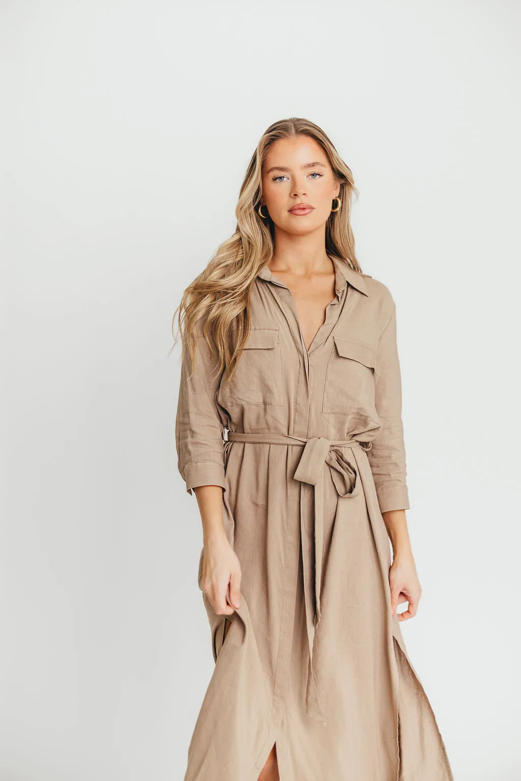 Rhea Belted Maxi Shirt Dress in Stone - Nursing Friendly