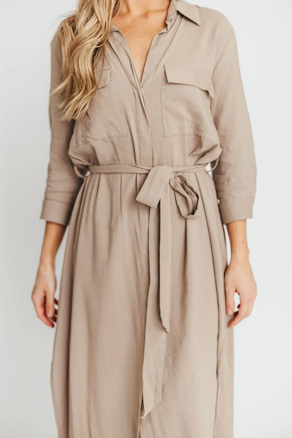 Rhea Belted Maxi Shirt Dress in Stone - Nursing Friendly