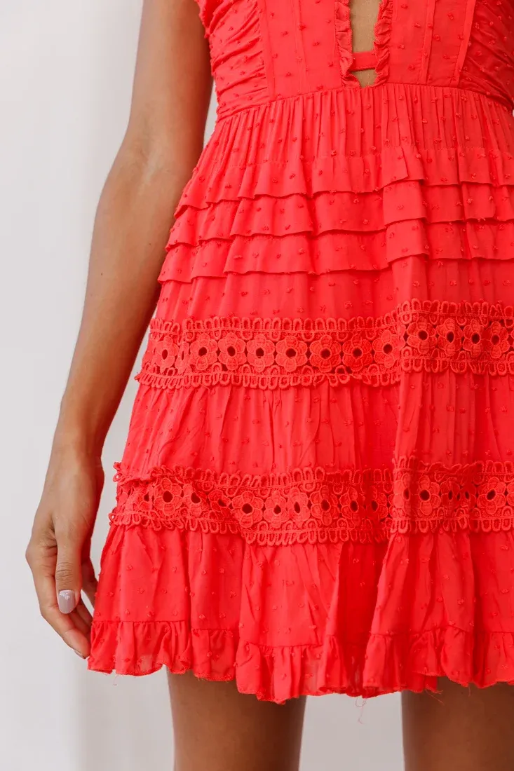 Riley Deep V-Neckline Ruffle Detail Dress Red