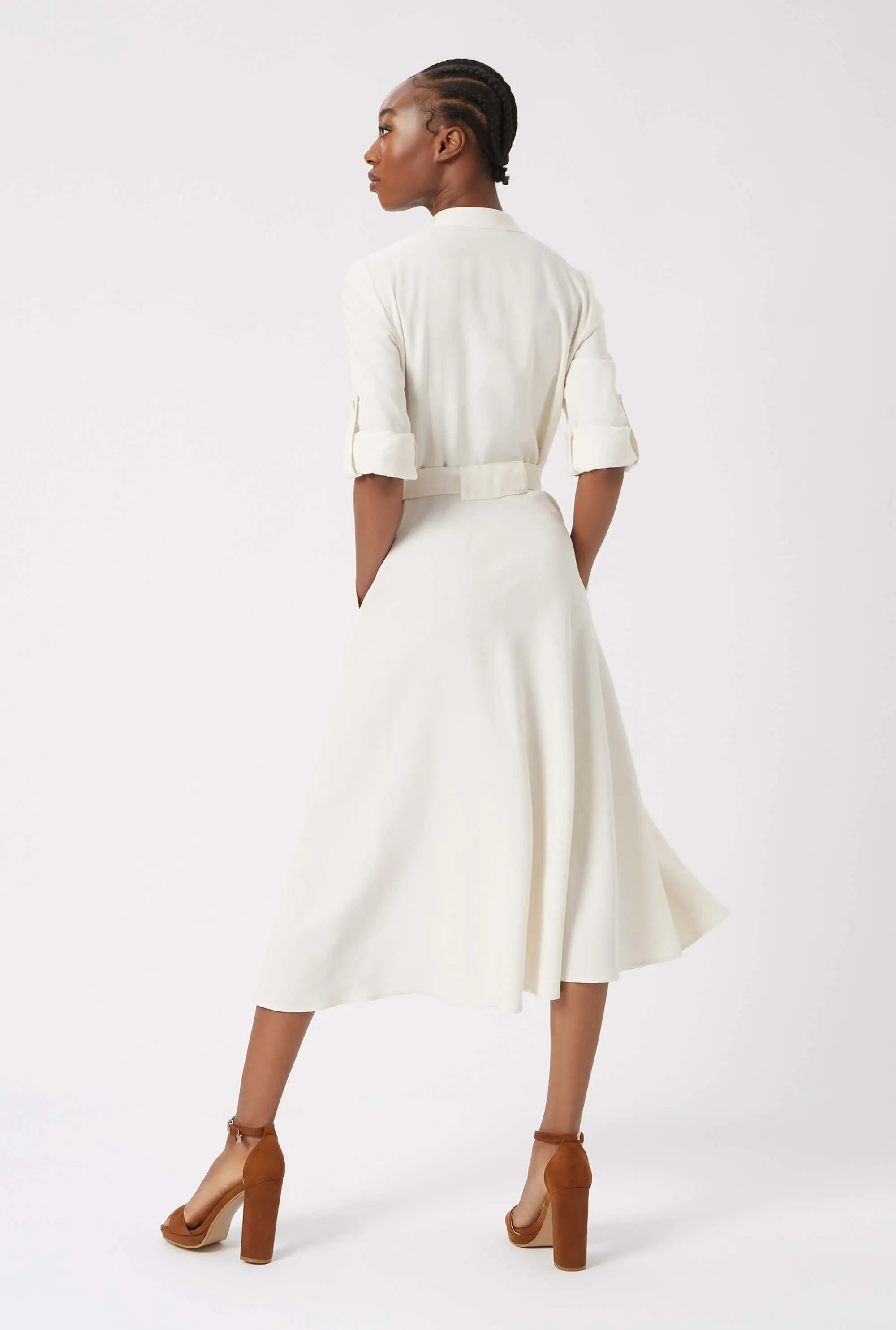 Roll Sleeve Midi Dress Cream