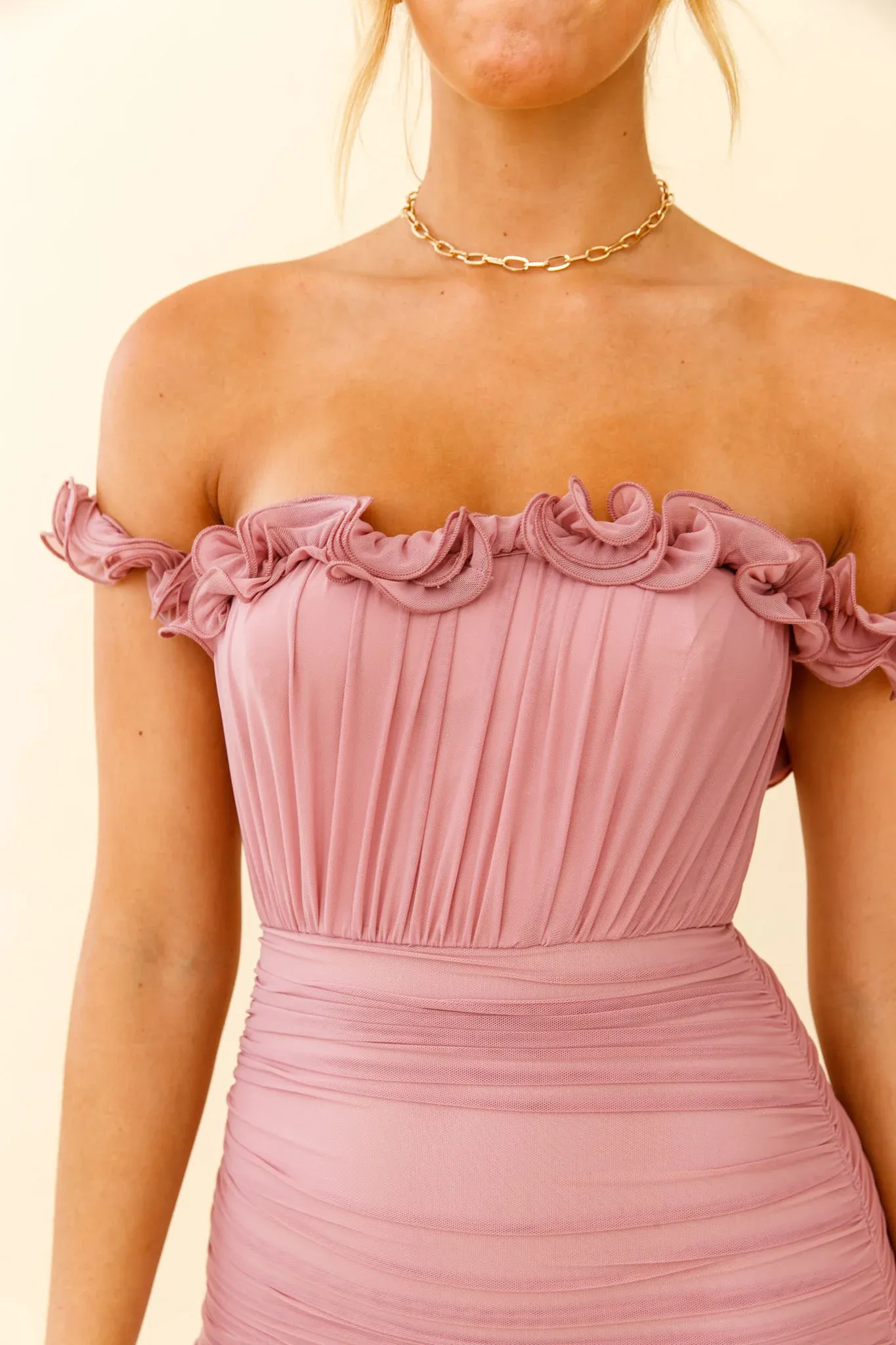Senorita Off-Shoulder Lettuce Edge Detail Ruched Mini Dress Blush