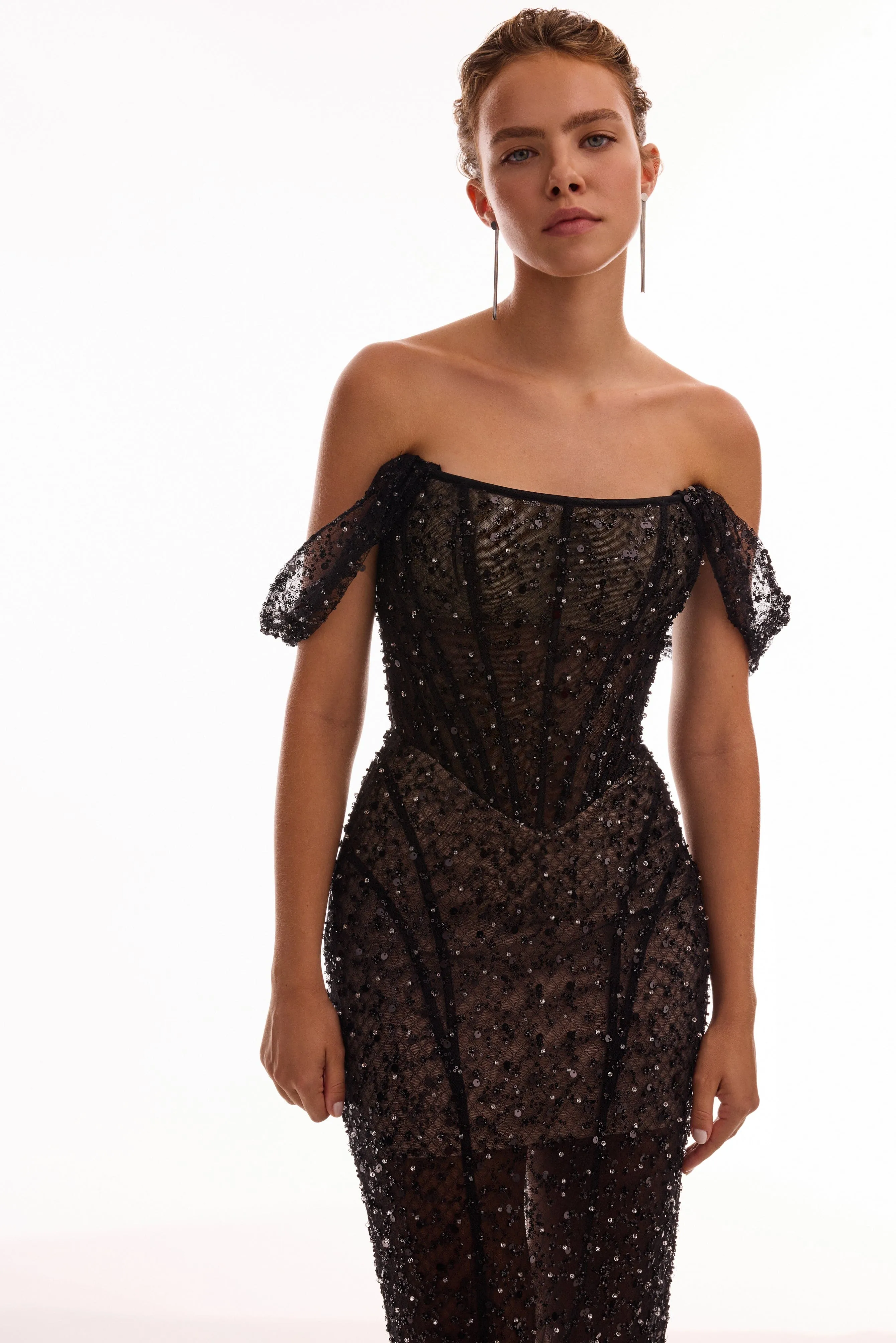 Striking black sequined fitted maxi dress, Midnight Walk