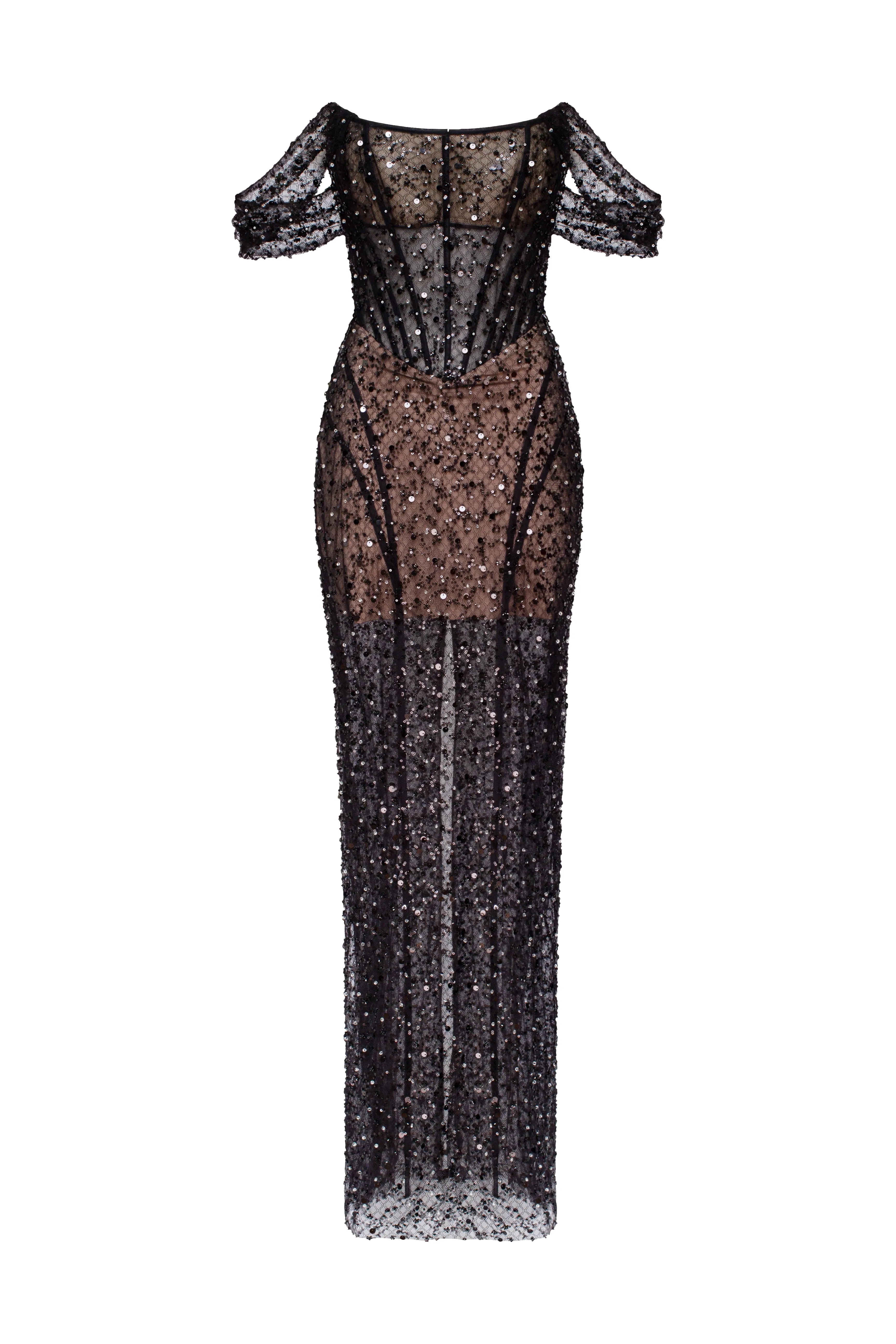 Striking black sequined fitted maxi dress, Midnight Walk