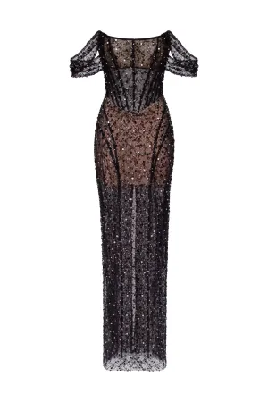 Striking black sequined fitted maxi dress, Midnight Walk