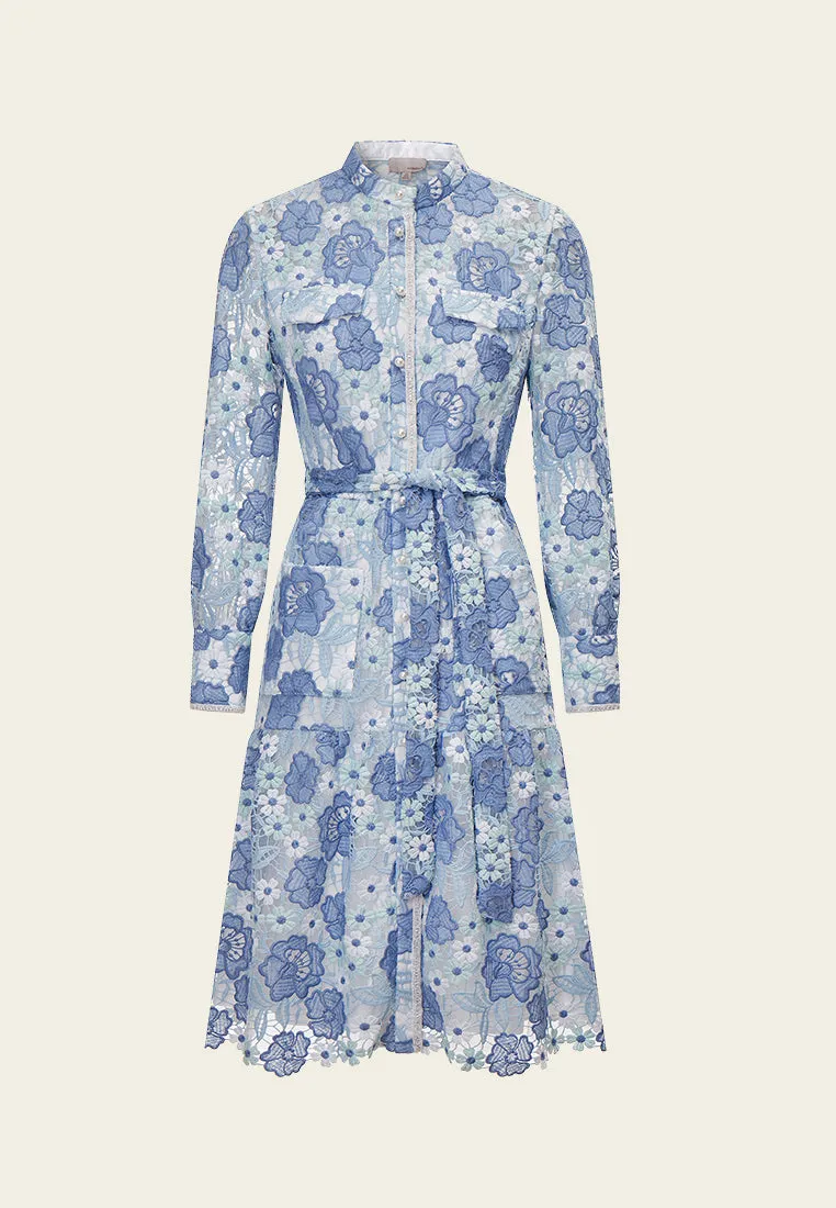 Summer Blue Stand Collar Lace Dress