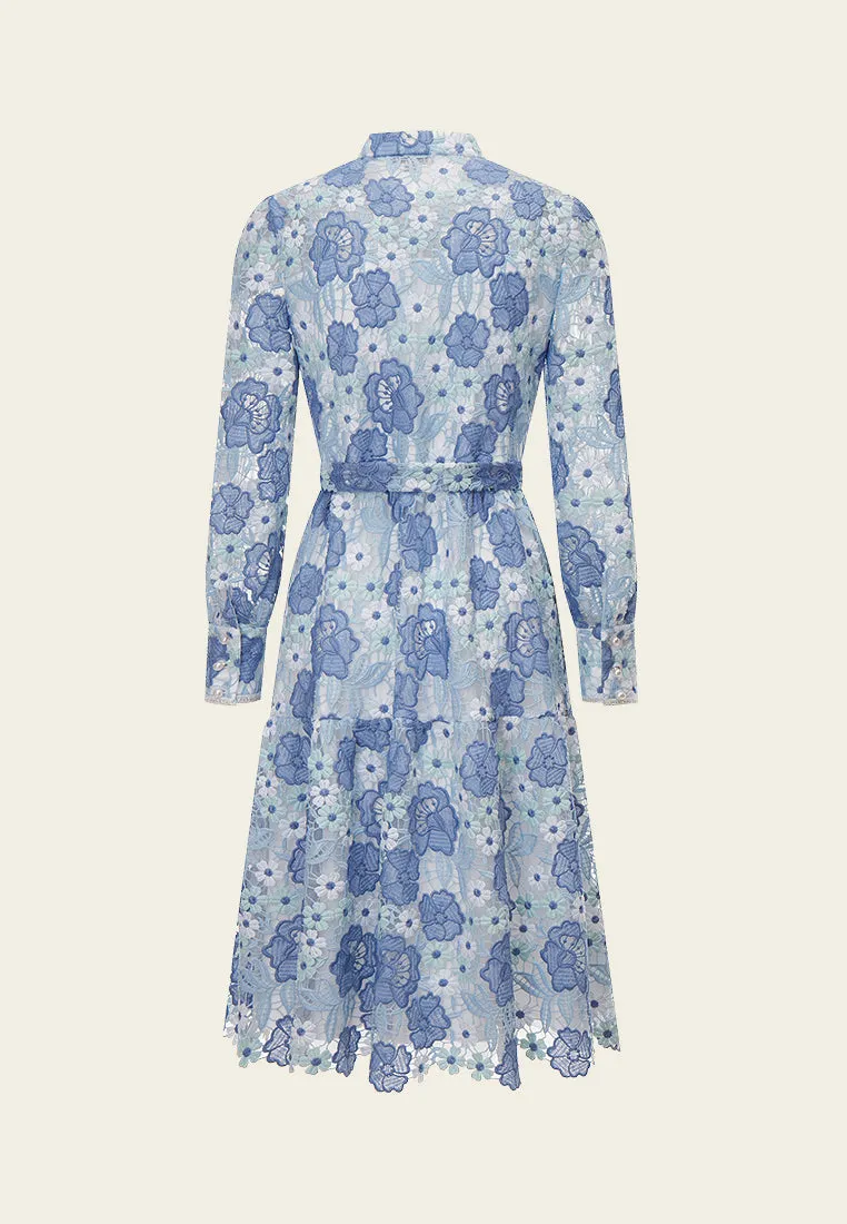 Summer Blue Stand Collar Lace Dress