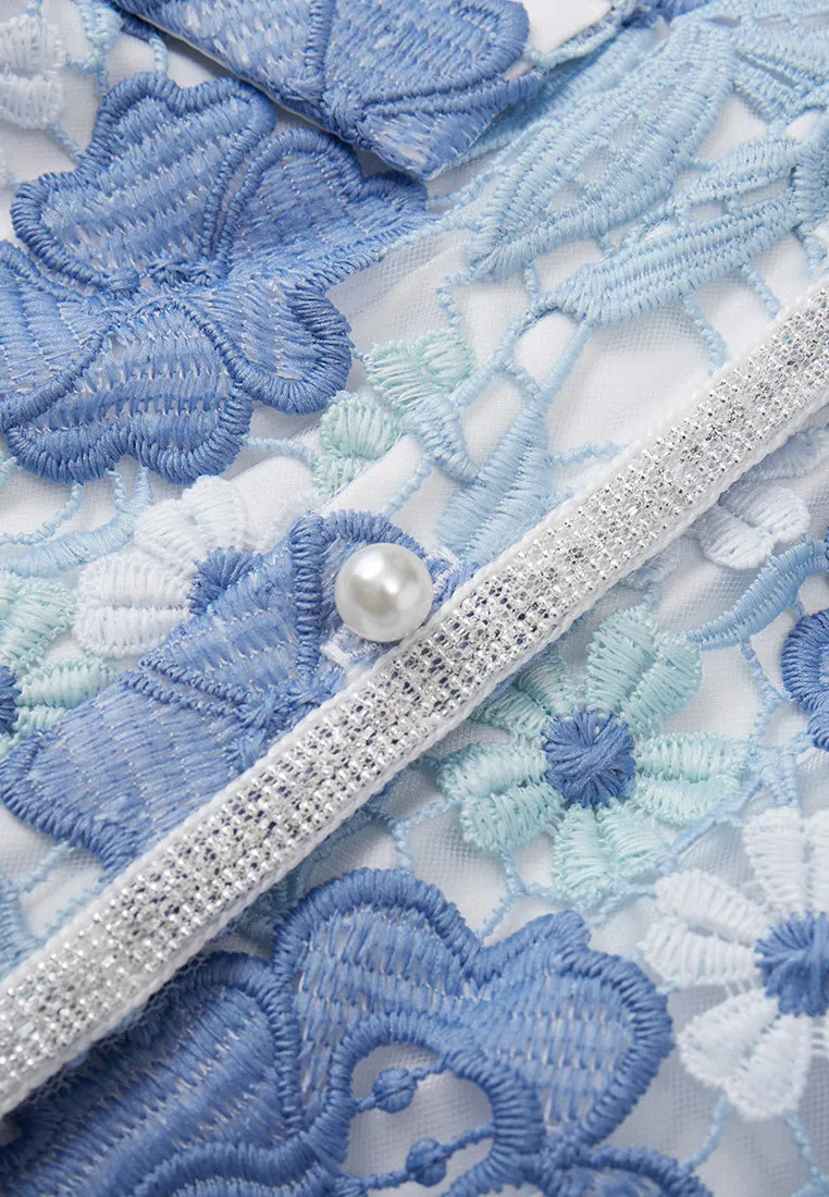 Summer Blue Stand Collar Lace Dress