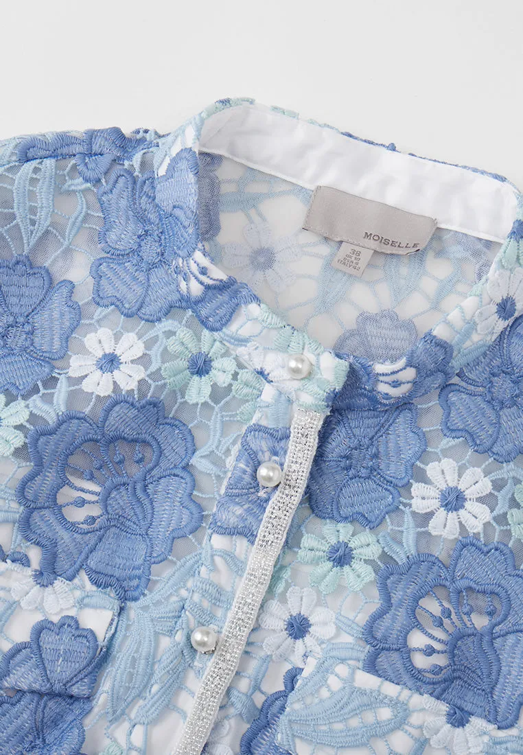 Summer Blue Stand Collar Lace Dress