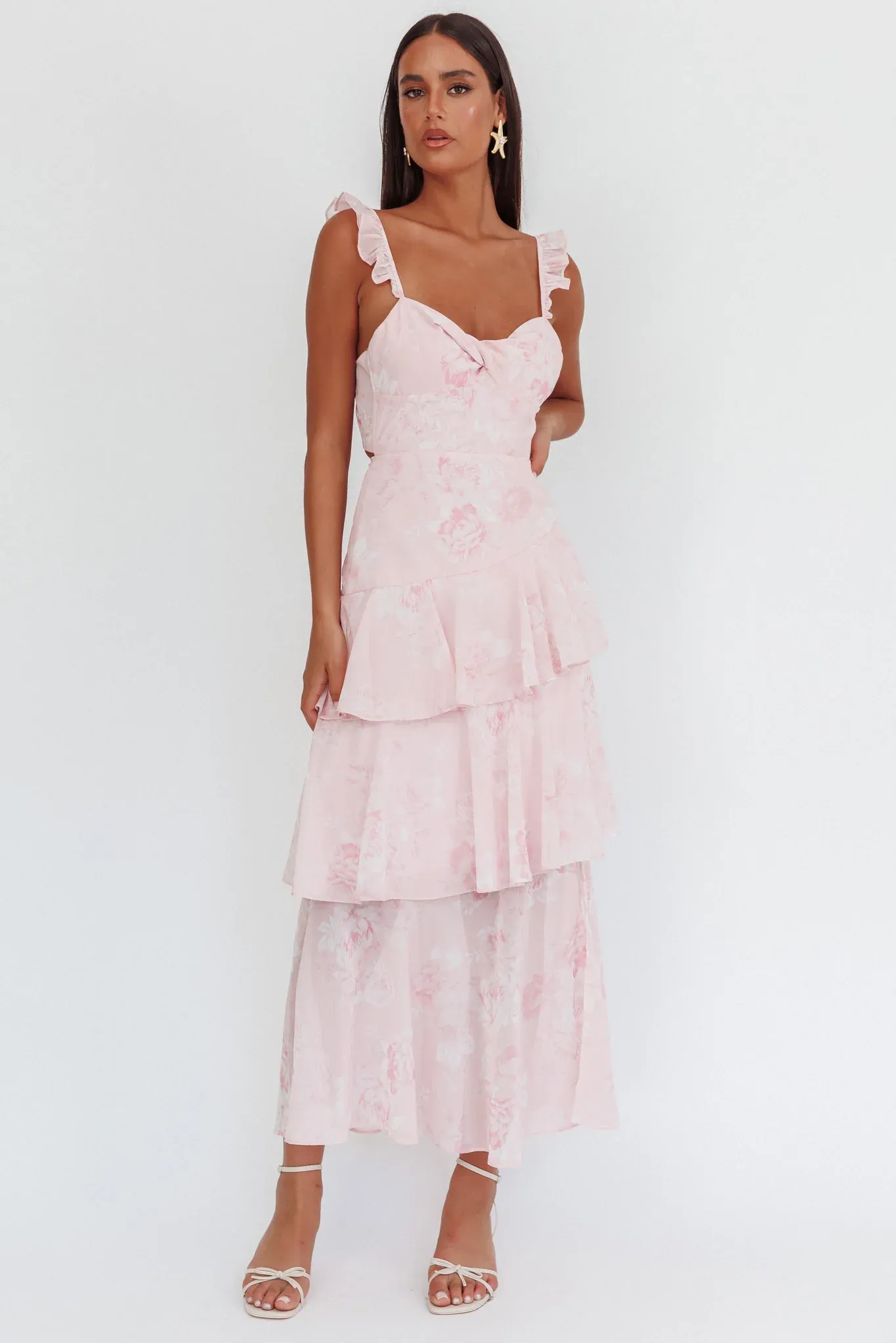 Veda Ruffle Strap Split Maxi Dress Roses Blush