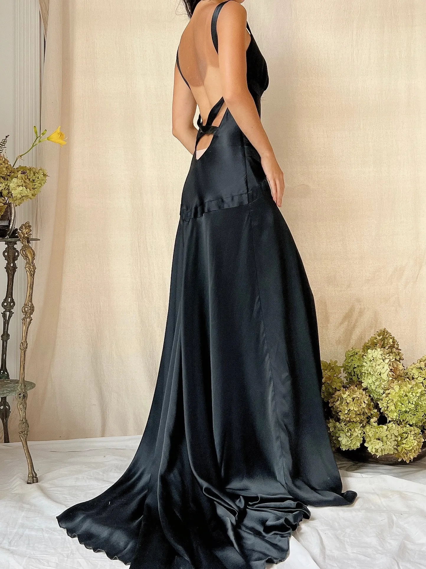 Vintage Black Silk Bias Cut Gown - S