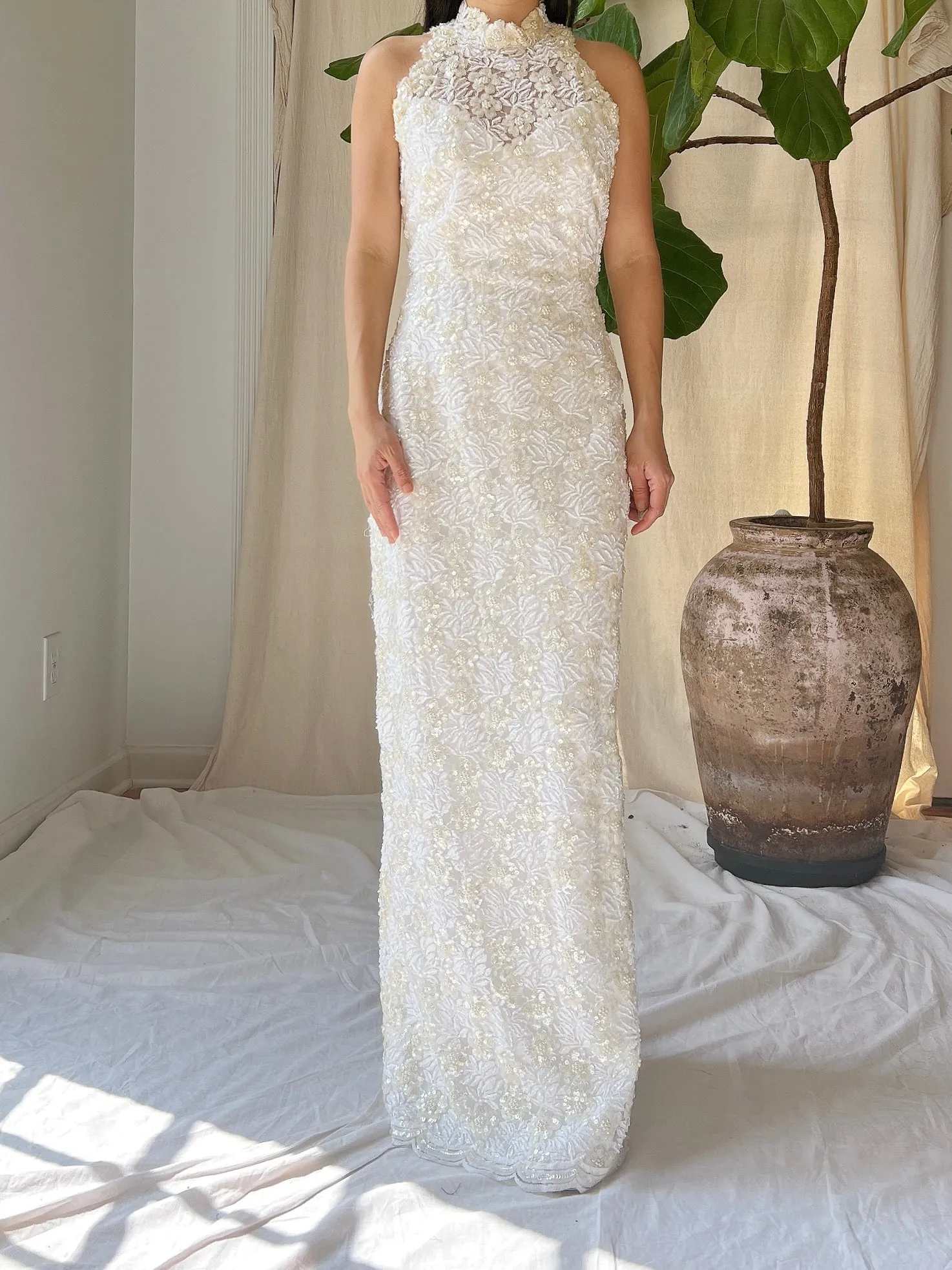 Vintage Ivory Lace Beaded Gown - XS