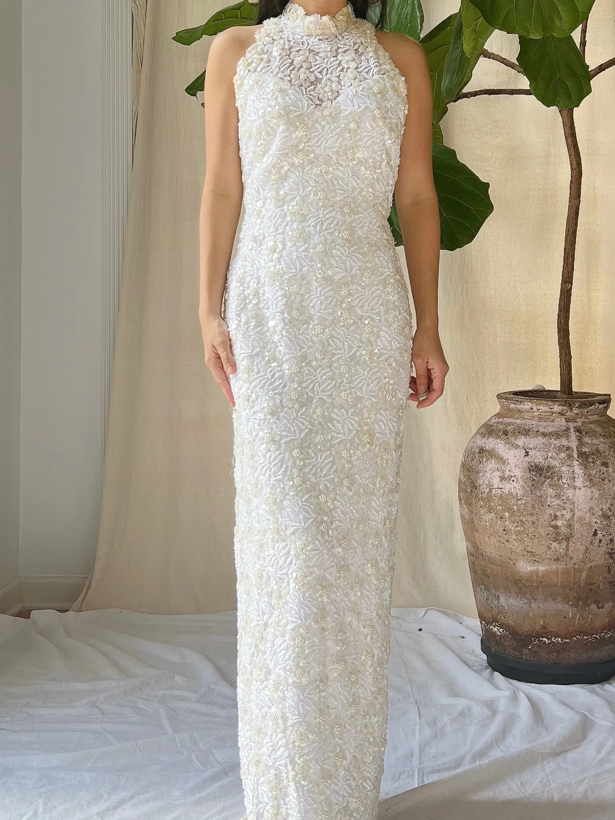 Vintage Ivory Lace Beaded Gown - XS