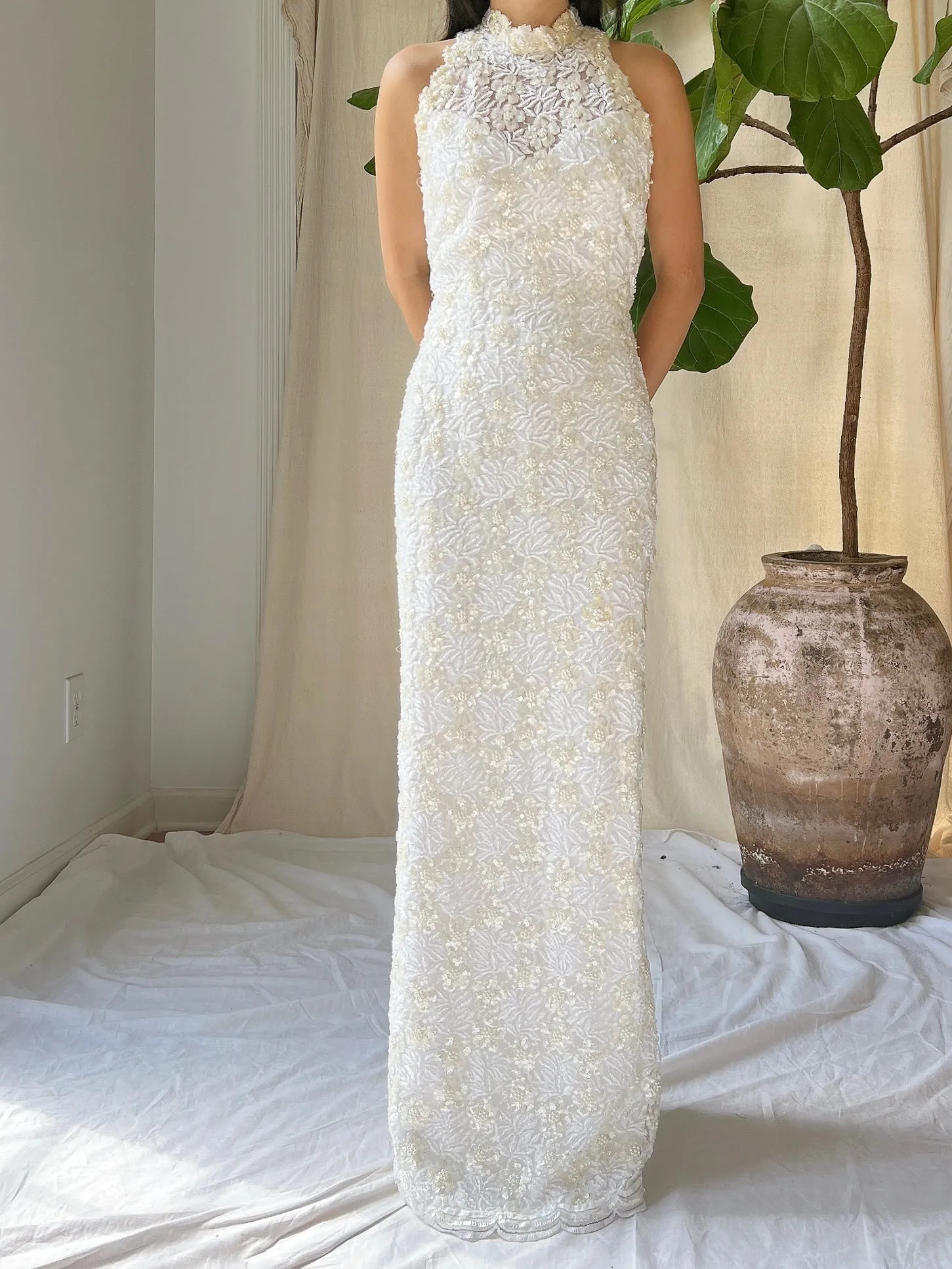 Vintage Ivory Lace Beaded Gown - XS