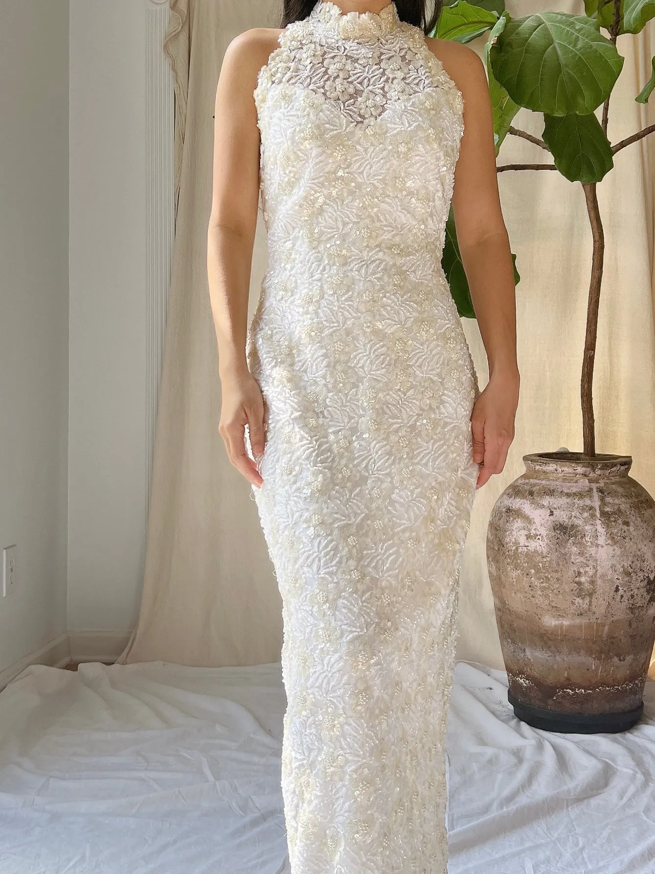 Vintage Ivory Lace Beaded Gown - XS