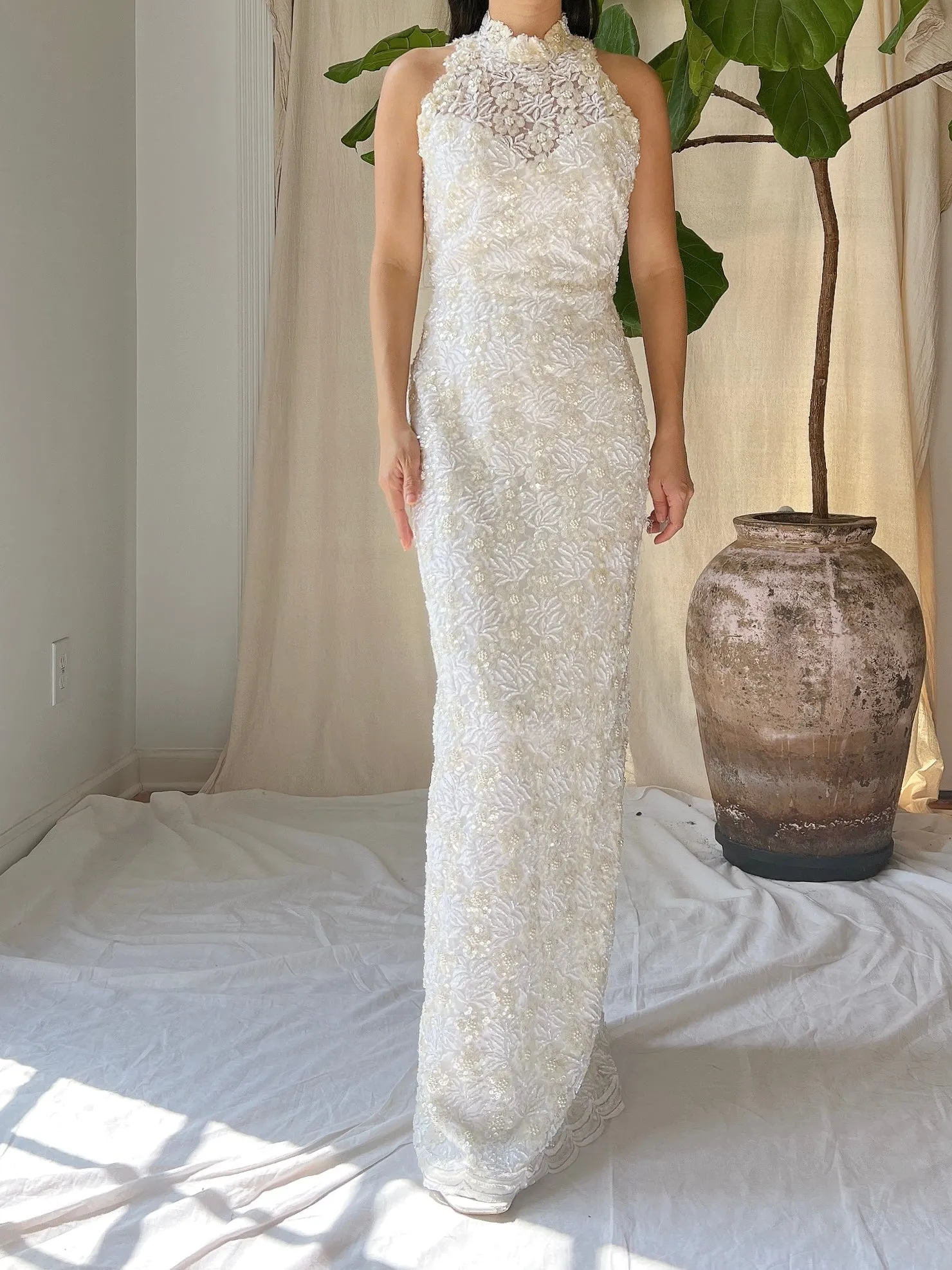 Vintage Ivory Lace Beaded Gown - XS