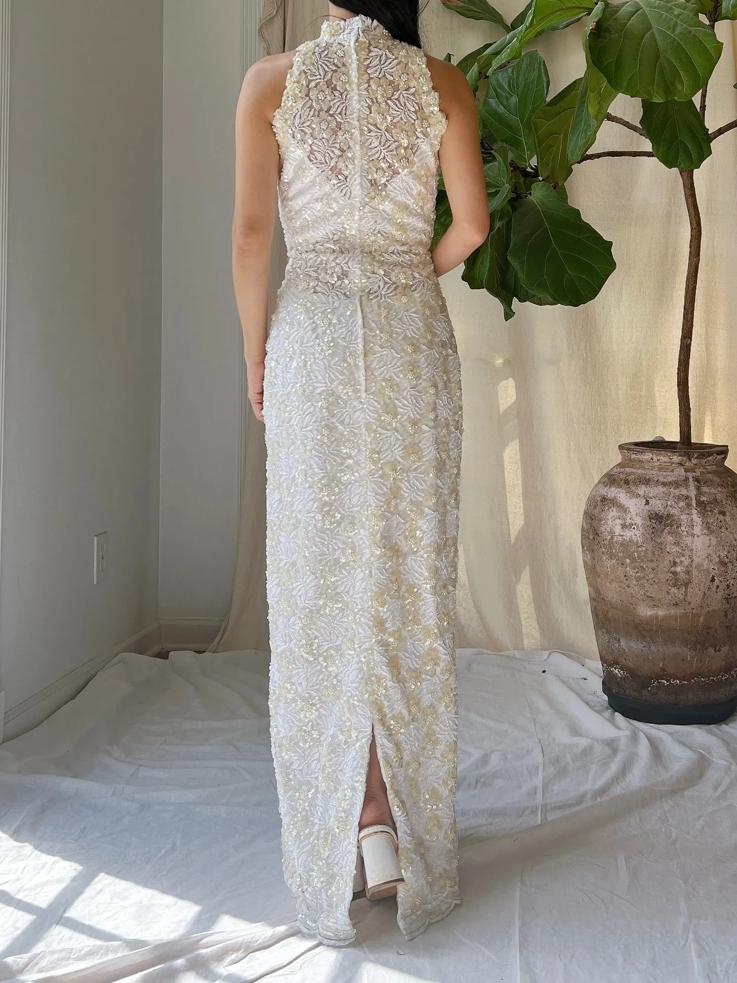 Vintage Ivory Lace Beaded Gown - XS