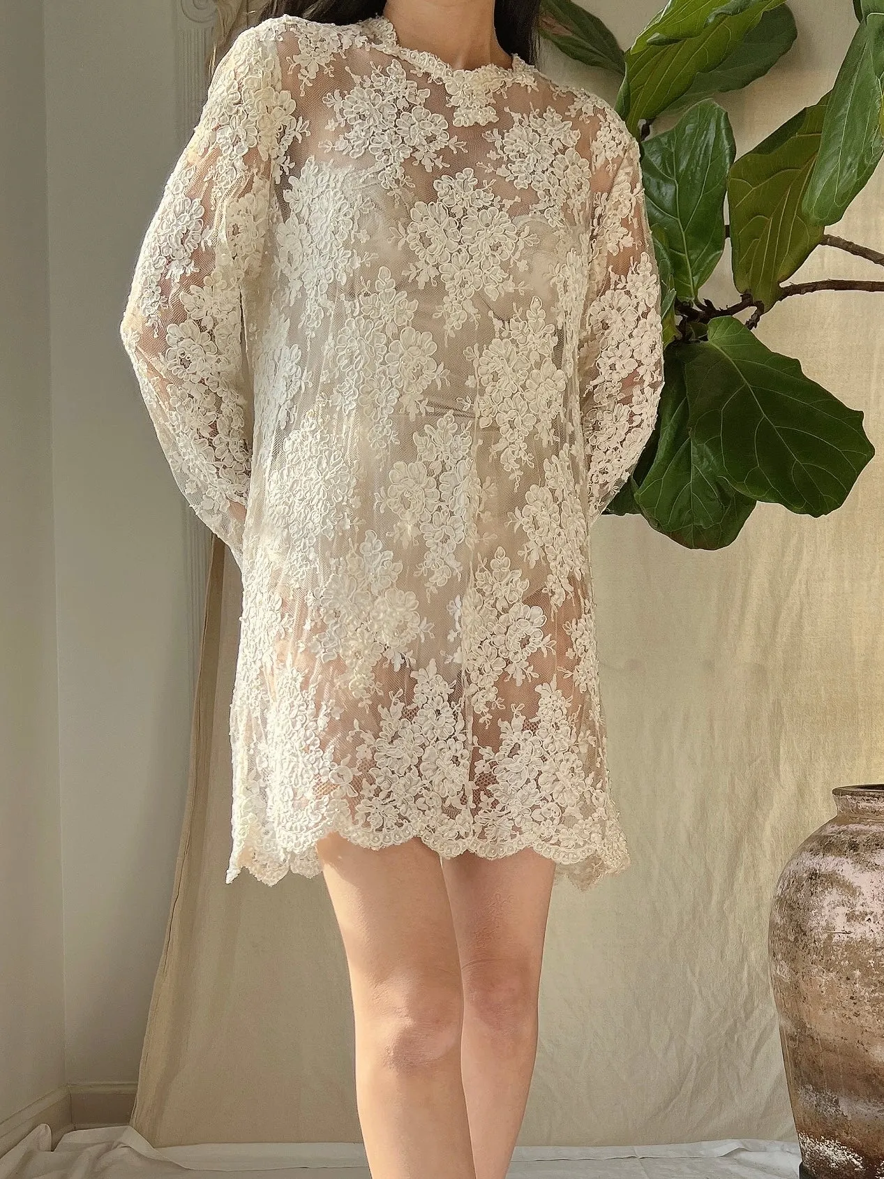 Vintage Lace Alencon Mini Dress - M