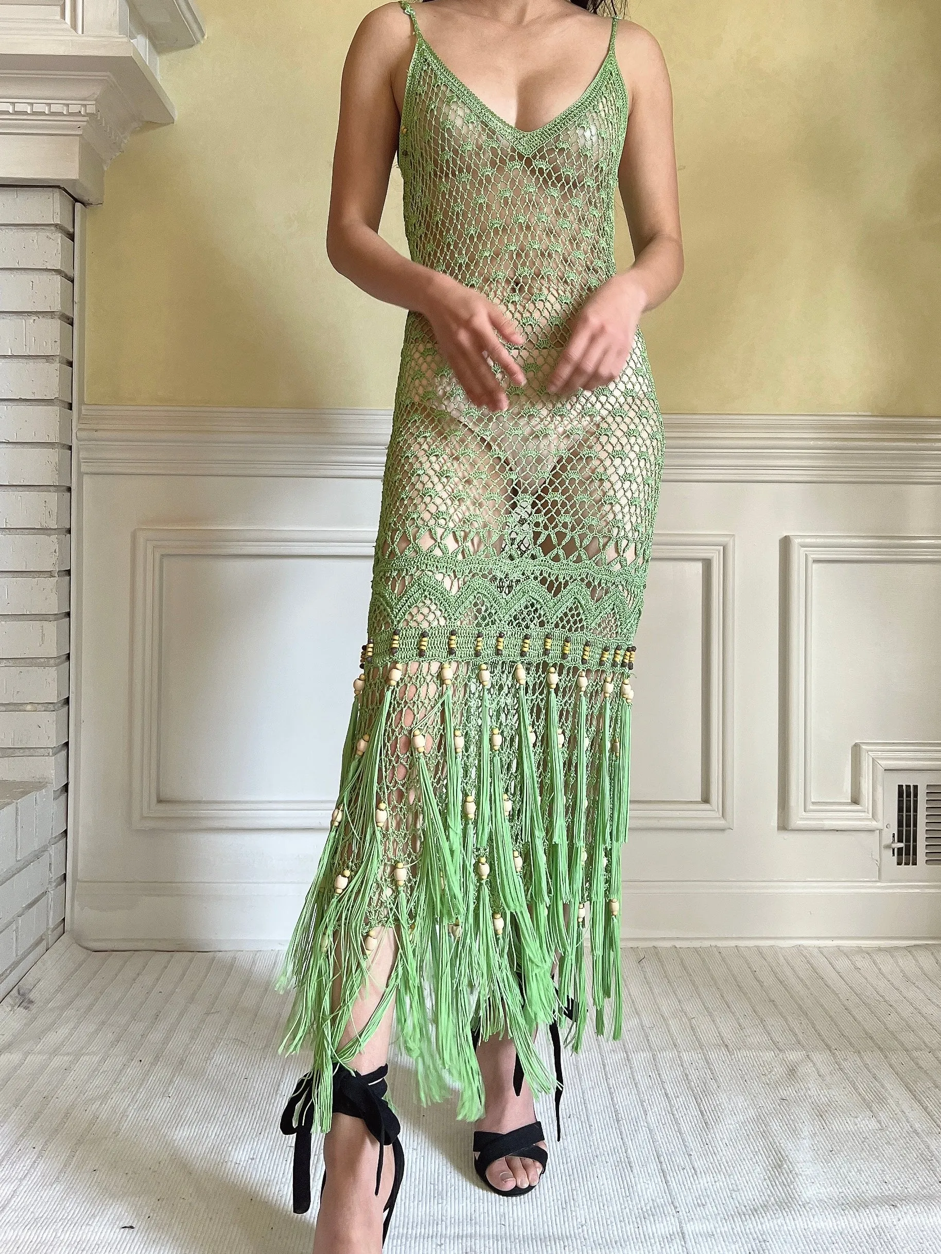 Vintage Light Green Fringe Crochet Dress - S-M
