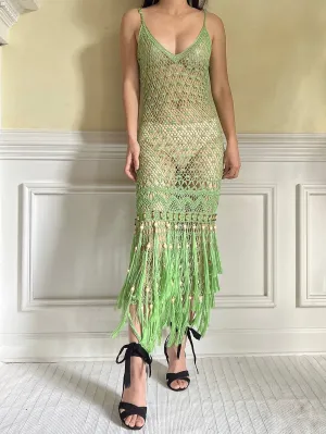 Vintage Light Green Fringe Crochet Dress - S-M