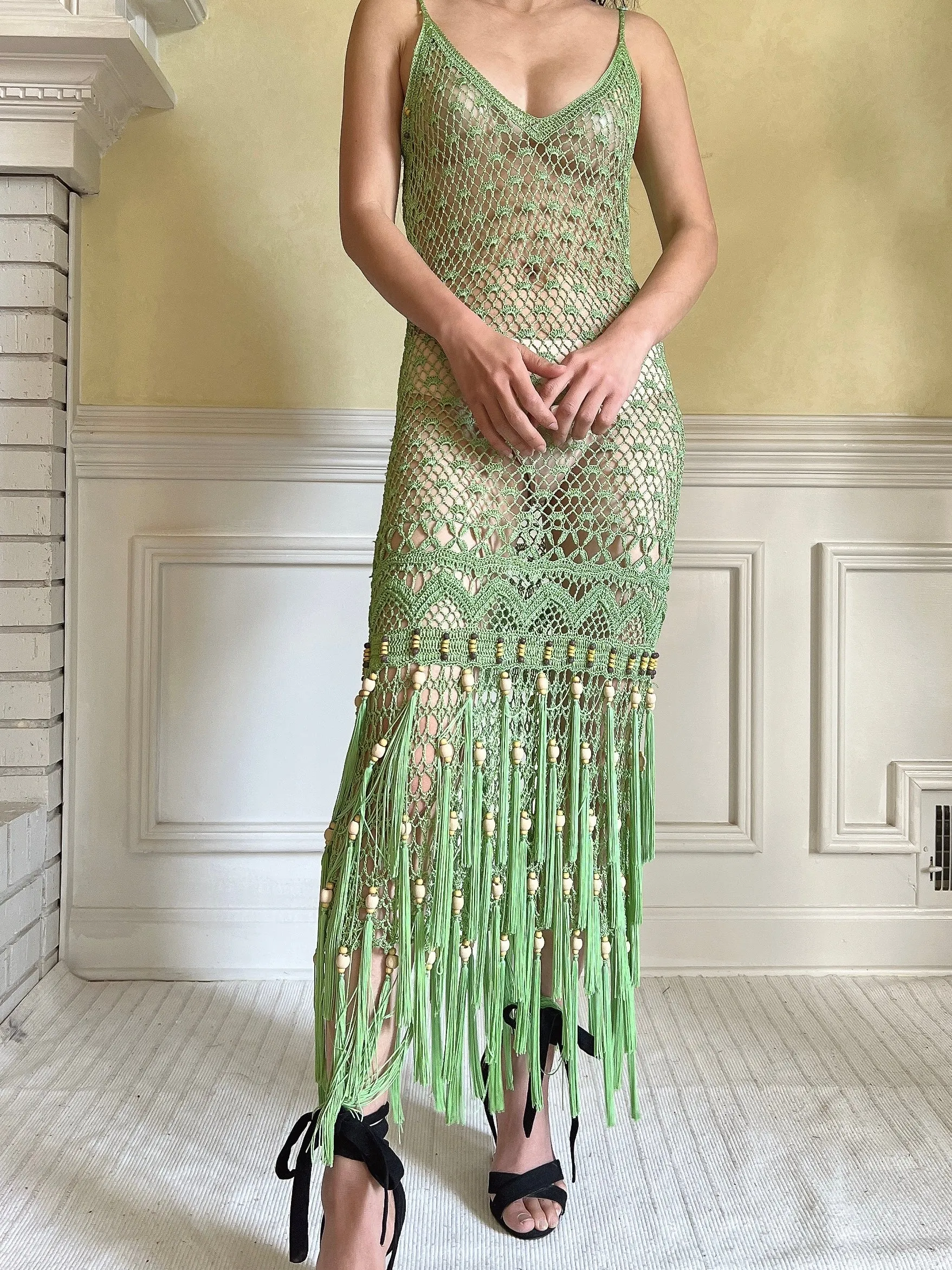 Vintage Light Green Fringe Crochet Dress - S-M
