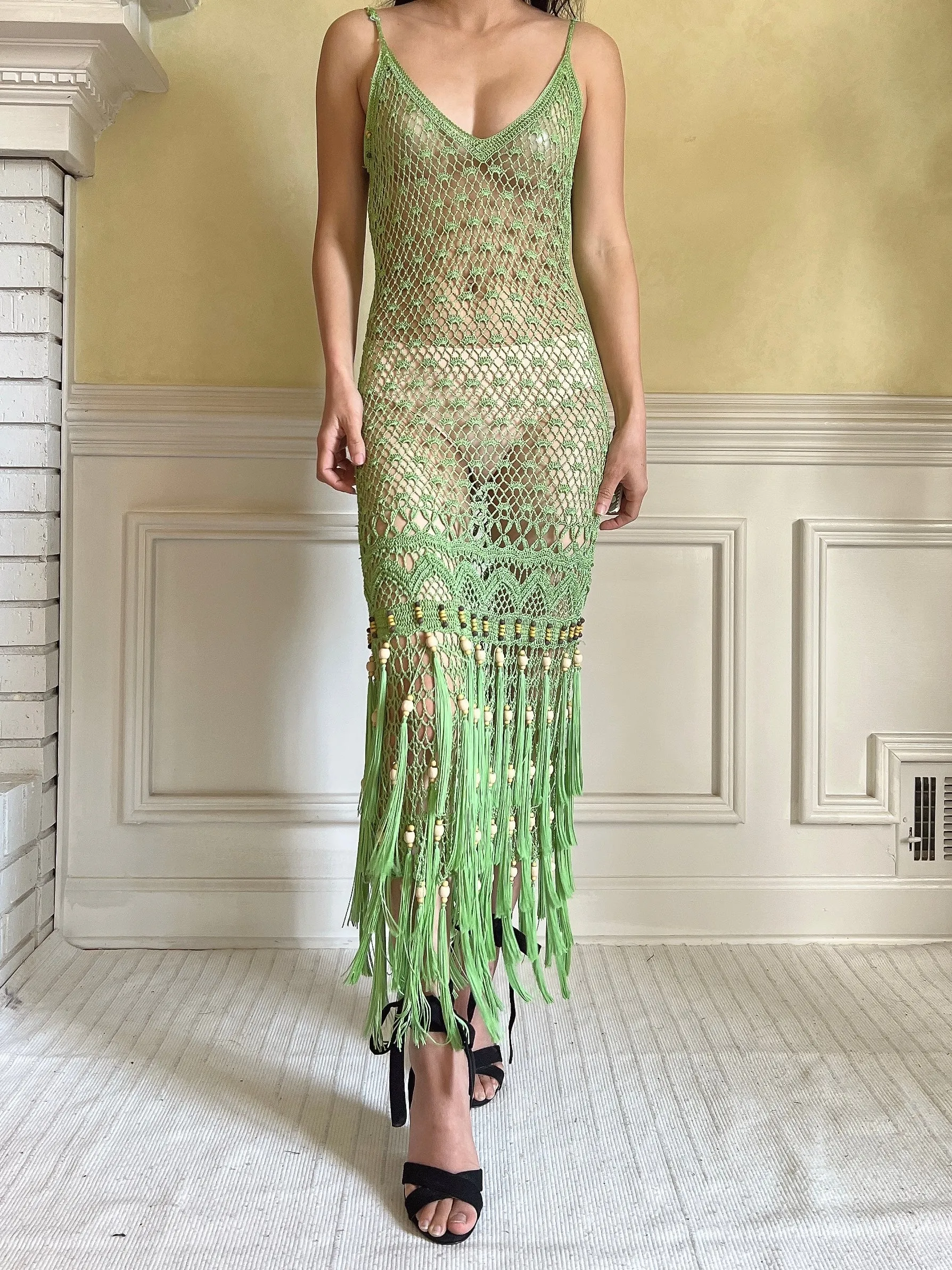 Vintage Light Green Fringe Crochet Dress - S-M