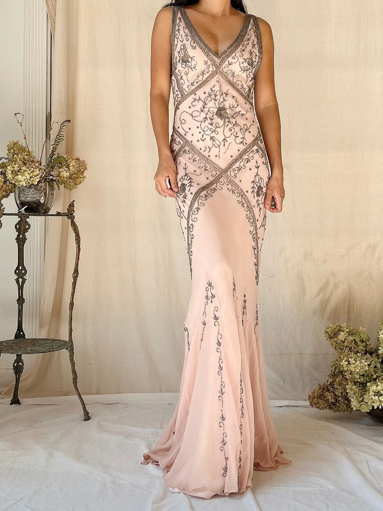 Vintage Pink Silk Bias Cut Gown - S/M