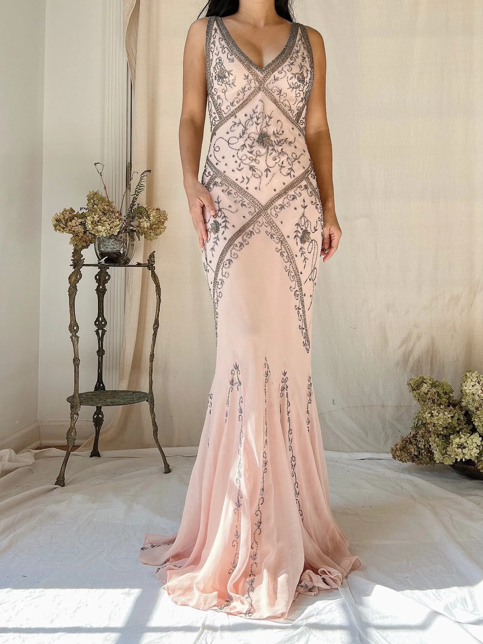 Vintage Pink Silk Bias Cut Gown - S/M