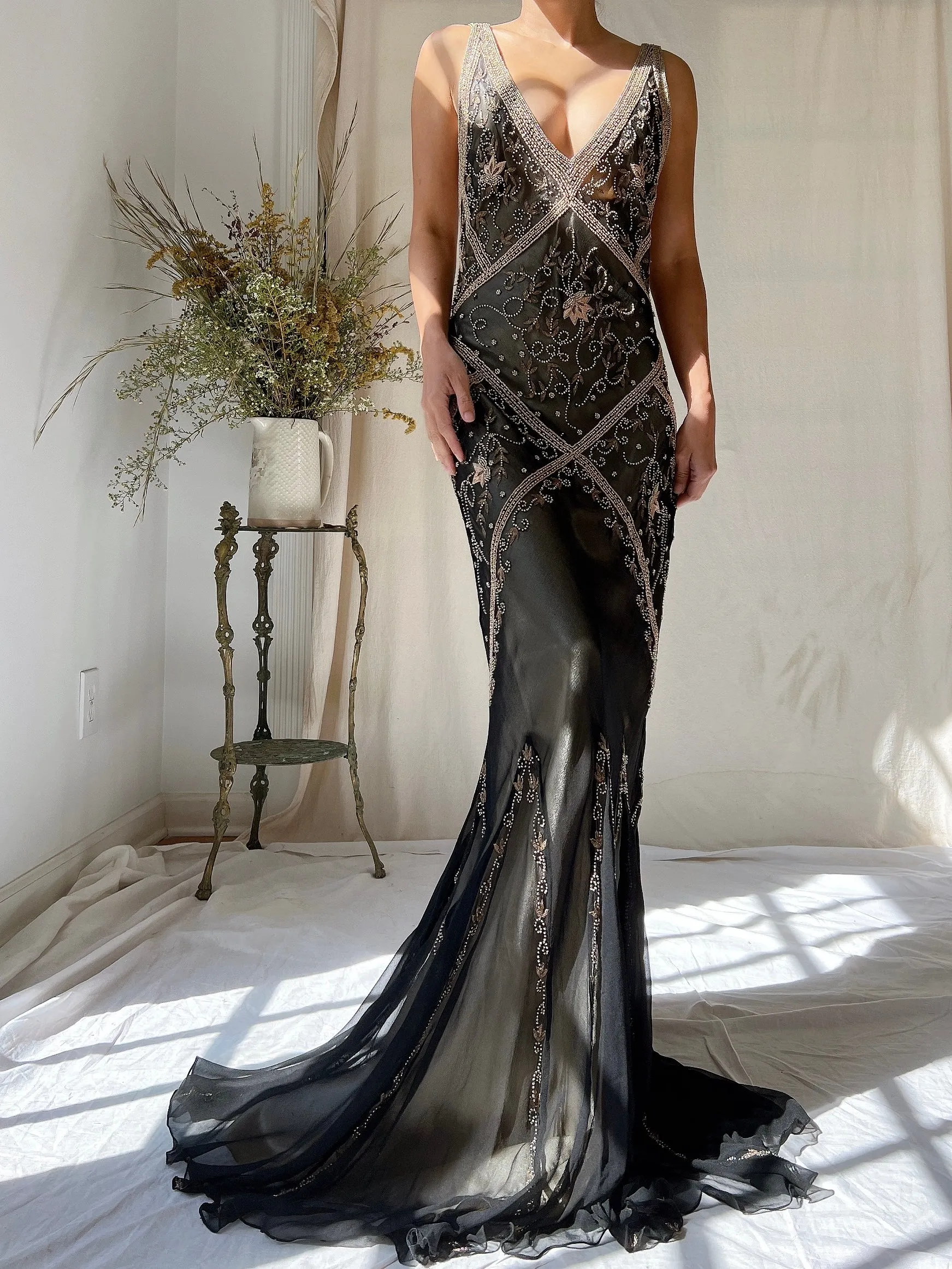 Vintage Silk Beaded Bias Cut Dress - M